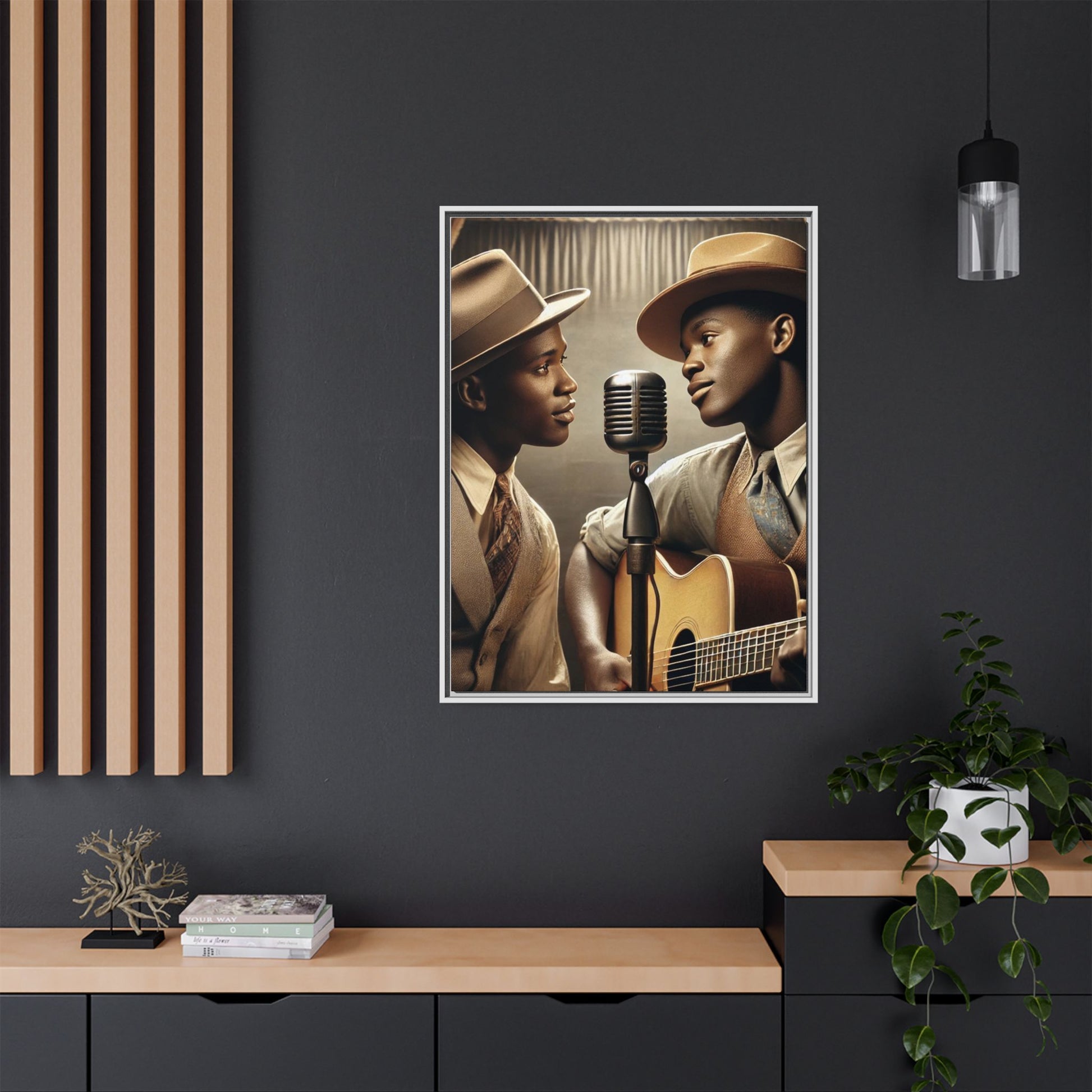 Artwork of an African-American gay couple recording a song in a 1930s-style studio. Dressed in vintage attire with fedoras and ties, they share a close, tender moment around a classic microphone, capturing love, music, and cultural heritage in a nostalgic setting