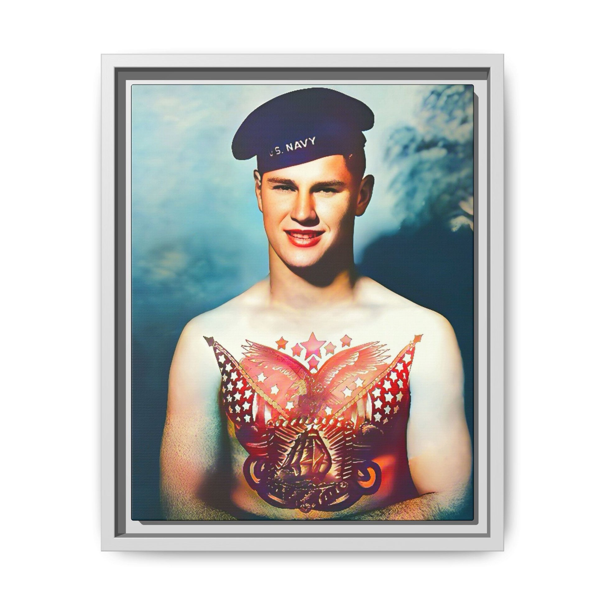 A striking vintage portrait of Charlie, a proud U.S. Navy sailor at Norfolk Navy Yard, showcasing a patriotic tattoo. This framed matte canvas print celebrates military history, individuality, and LGBTQ+ representation—perfect for collectors and history enthusiasts.