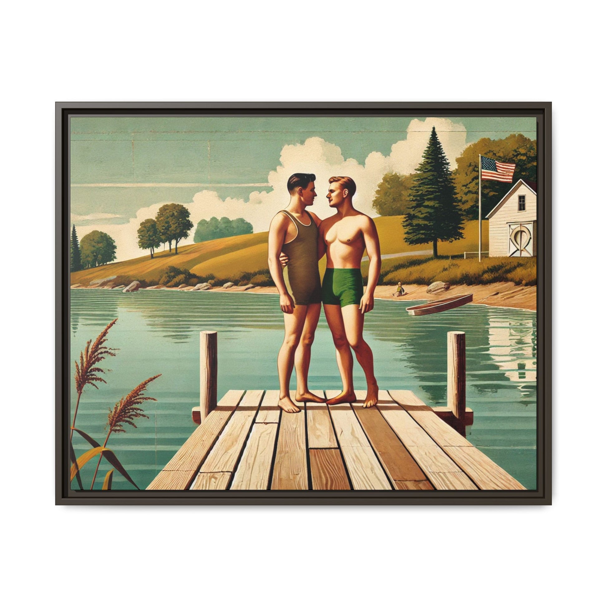 Framed artwork of a gay couple sharing a tender moment on a wooden dock by a peaceful lake, dressed in vintage swimwear. Set against rolling hills and a lakeside cabin, this nostalgic scene honors LGBTQ+ love in a serene Midwestern summer setting.