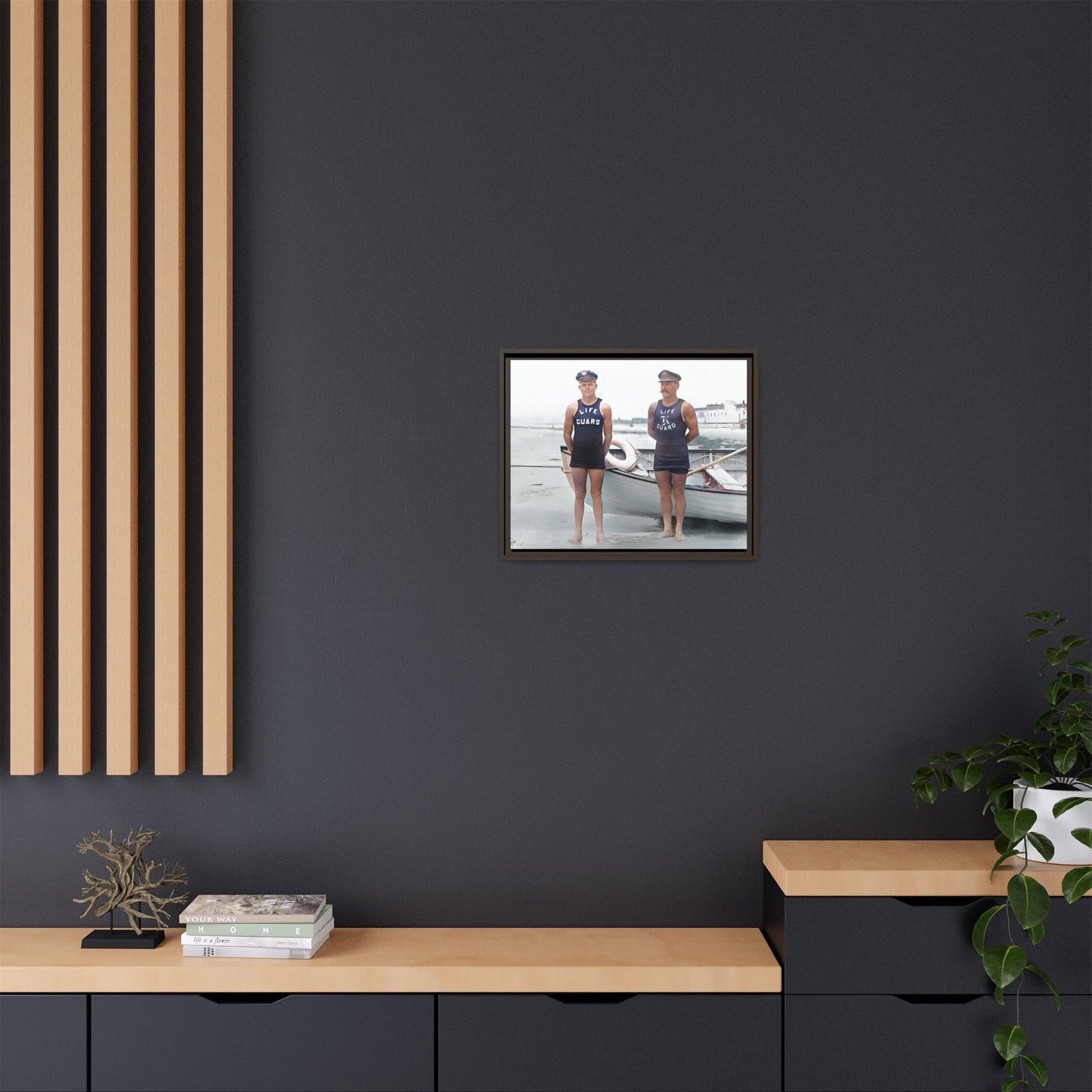 A nostalgic framed canvas print of vintage lifeguards in Cape May, NJ. This coastal artwork captures the charm of early 20th-century beach life, making it perfect for lovers of maritime history, seaside decor, and Americana enthusiasts.