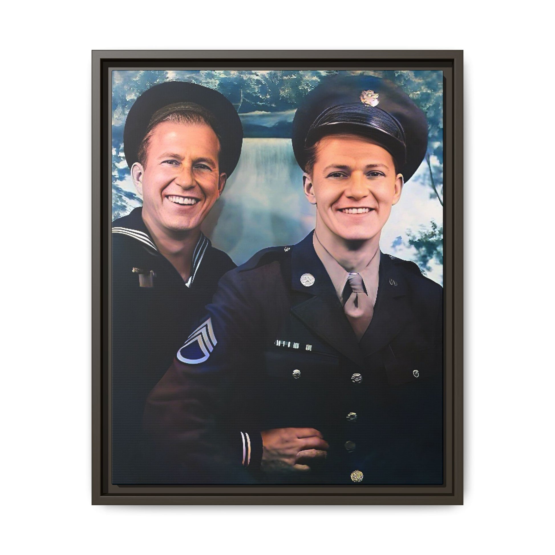 A framed vintage military portrait on matte canvas featuring a sailor and a soldier in Scapa Flow, Scotland, symbolizing service and camaraderie. Gay Couple