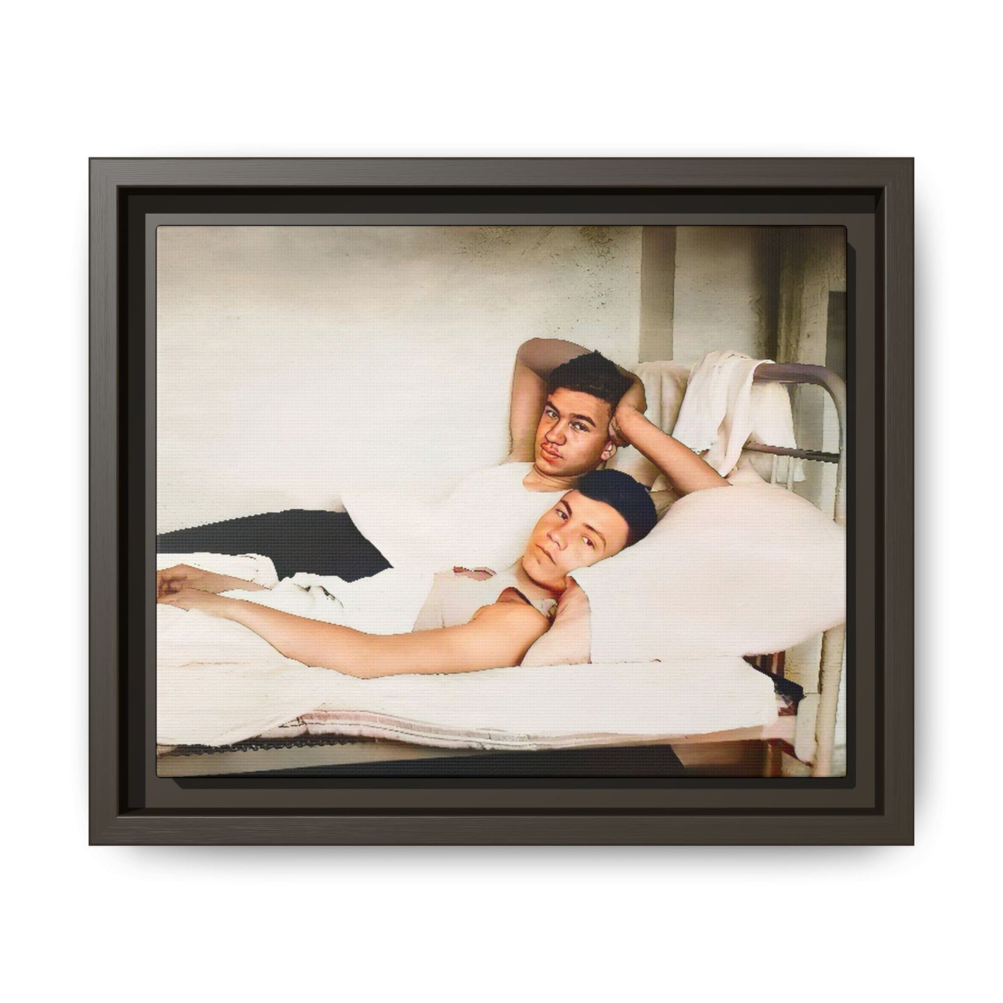 A vintage Gay couple portrait of Vernon & Jesse in Portland, Maine. This framed canvas print captures an intimate and heartfelt moment, making it a timeless addition to any home decor or a meaningful gift celebrating love and history.