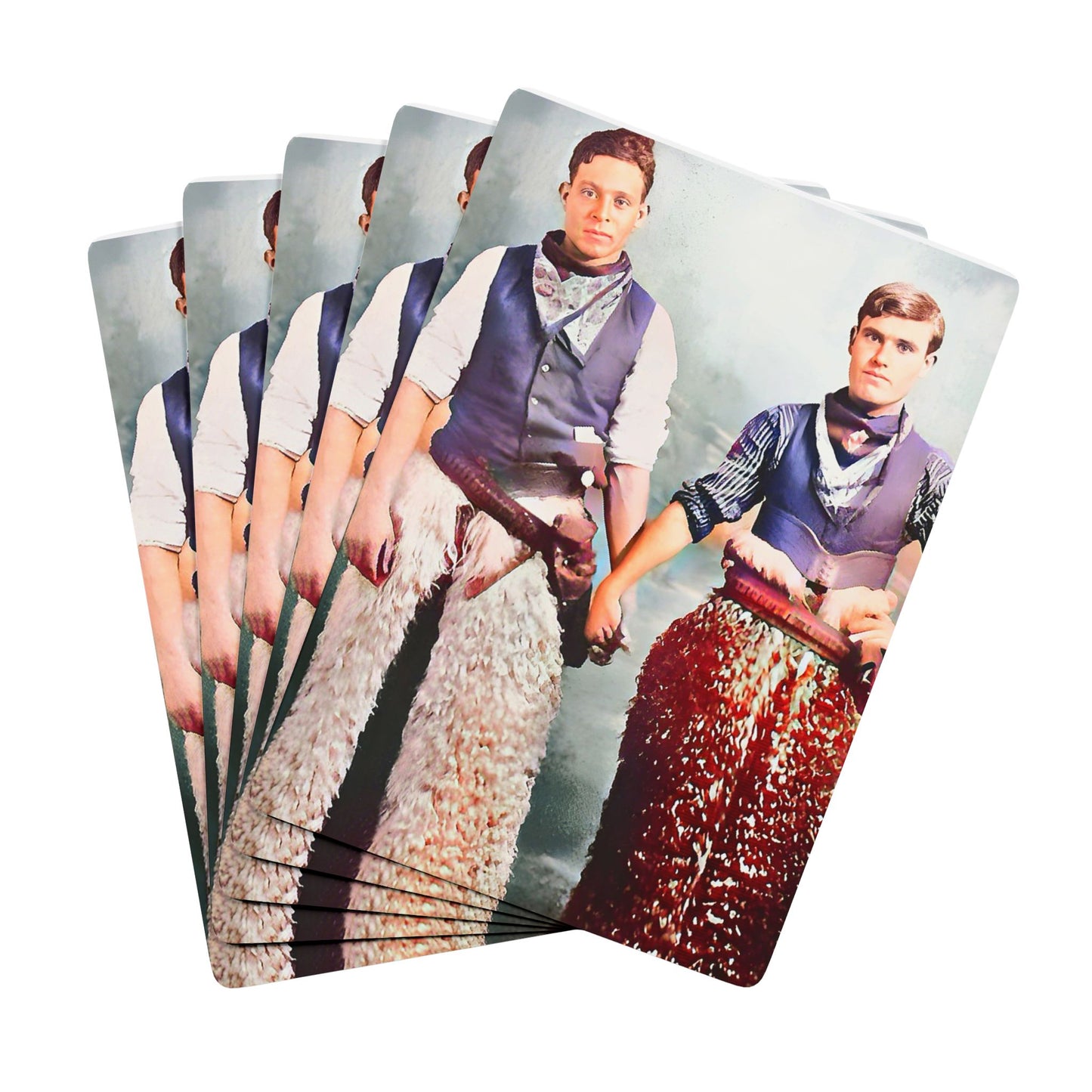 A restored vintage photo of a gay cowboy couple standing hand in hand, capturing Queer love and resilience in the Old West.