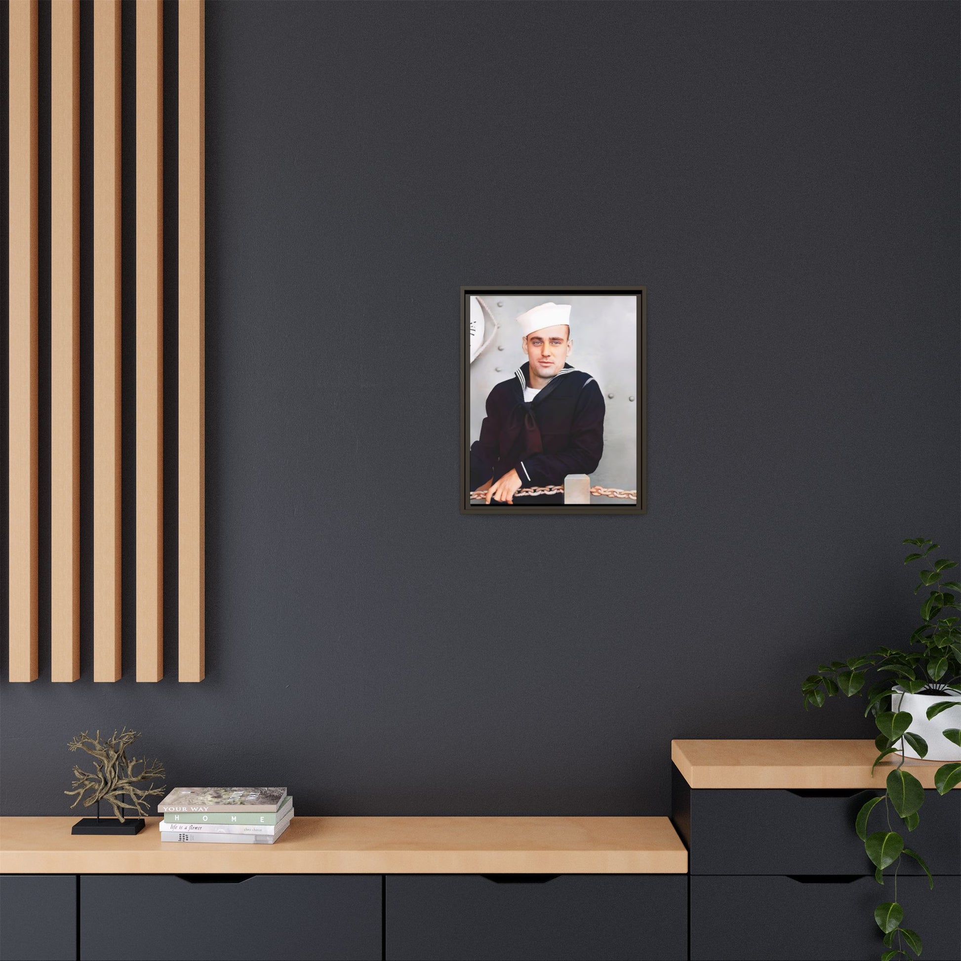 A restored vintage portrait of Francis aboard the USS Might. This framed matte canvas captures naval history, service, and timeless duty.