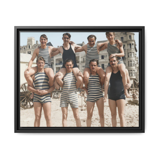 Early 20th-century seaside group photograph with architectural background