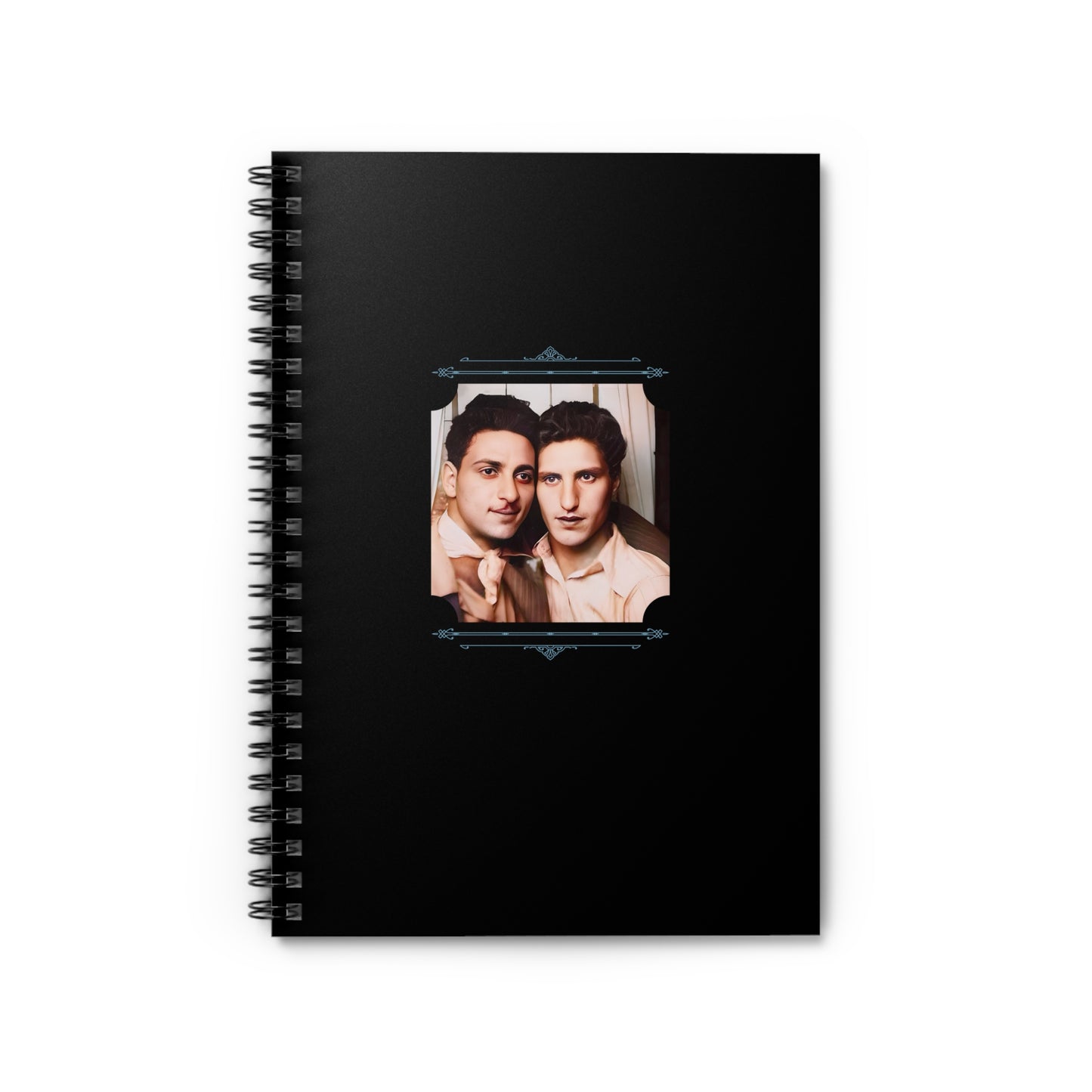 Spiral notebook featuring a vintage 1940s photo of two men sharing a quiet moment in a photo booth.