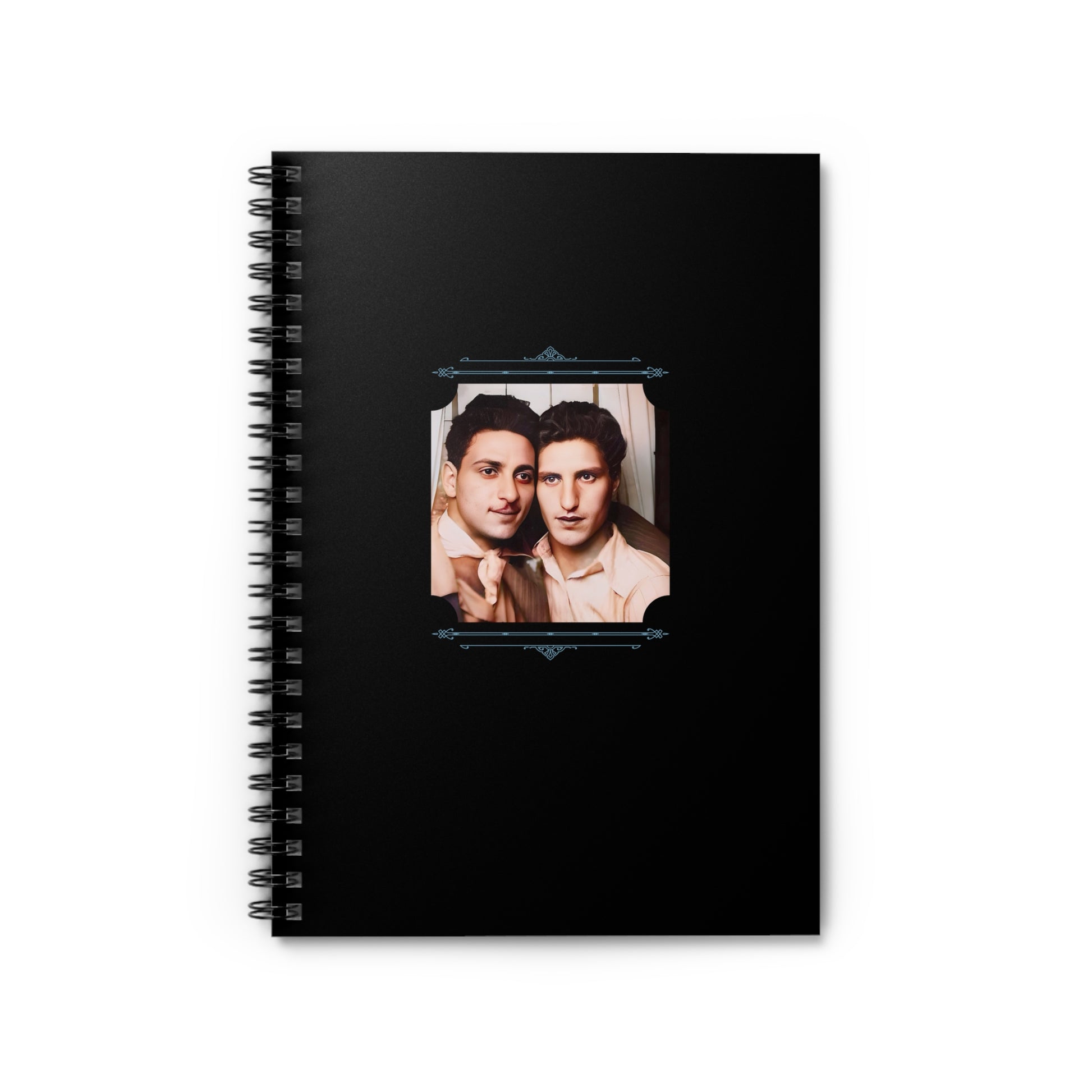 Spiral notebook featuring a vintage 1940s photo of two men sharing a quiet moment in a photo booth.