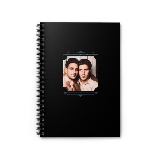 Spiral notebook featuring a vintage 1940s photo of two men sharing a quiet moment in a photo booth.