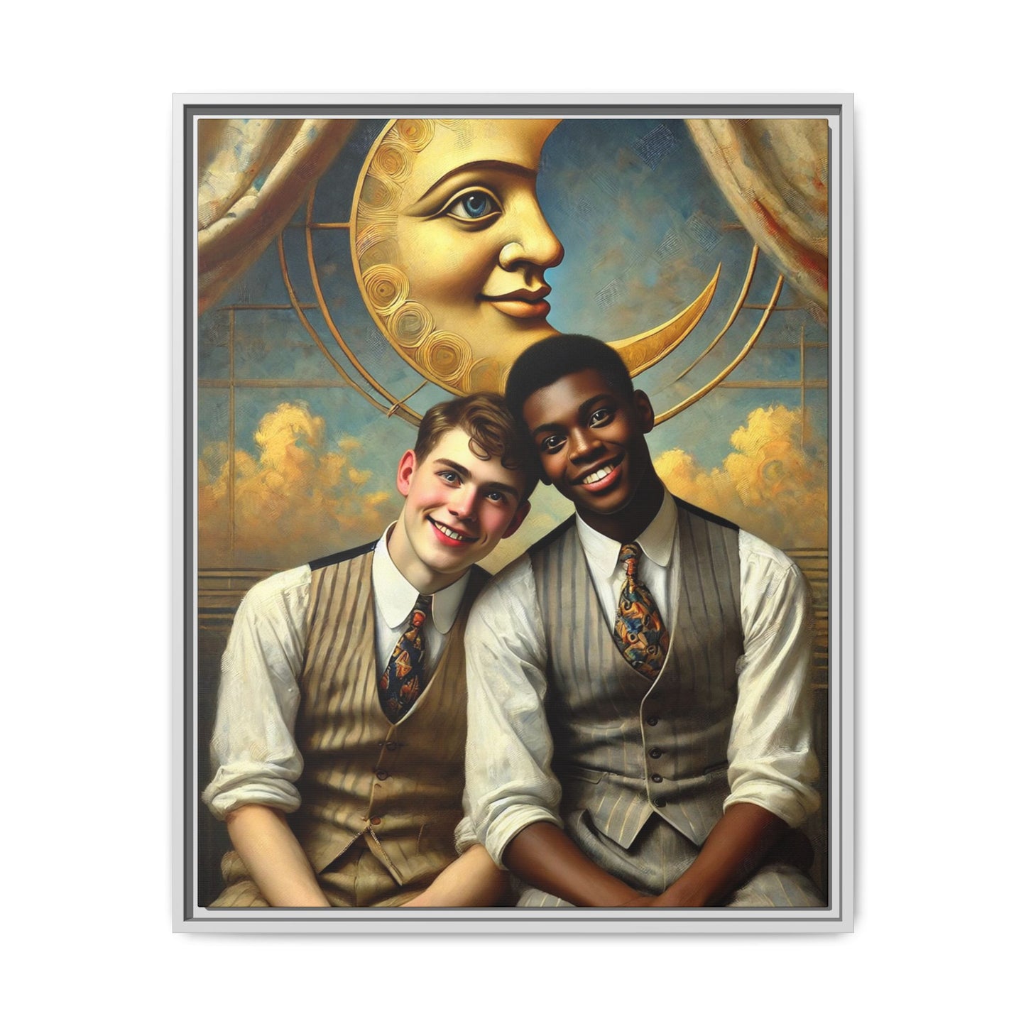 A vintage-style artwork showing a young interracial gay couple in 1920s attire sitting beneath a golden crescent moon with a serene expression. Their joyful closeness reclaims erased queer history and reflects the beauty of interracial love through a lens of tenderness and celebration.