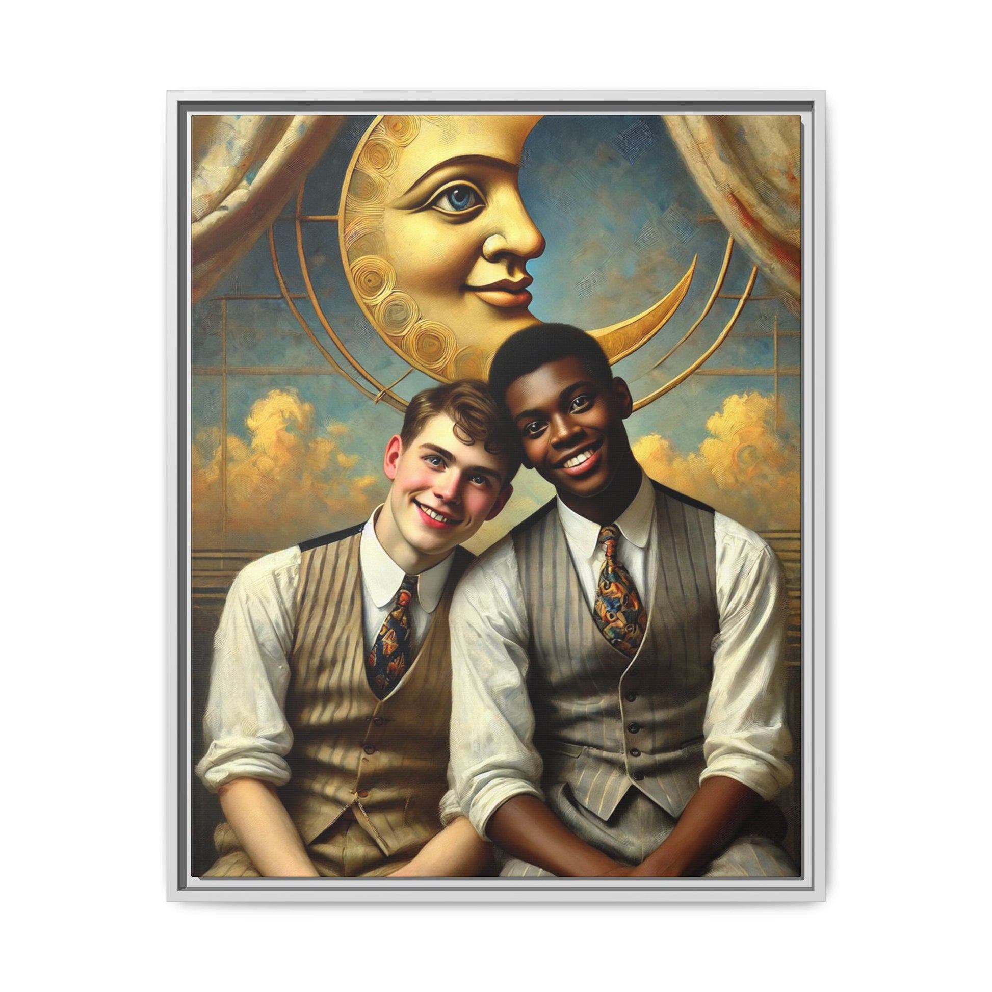 A vintage-style artwork showing a young interracial gay couple in 1920s attire sitting beneath a golden crescent moon with a serene expression. Their joyful closeness reclaims erased queer history and reflects the beauty of interracial love through a lens of tenderness and celebration.