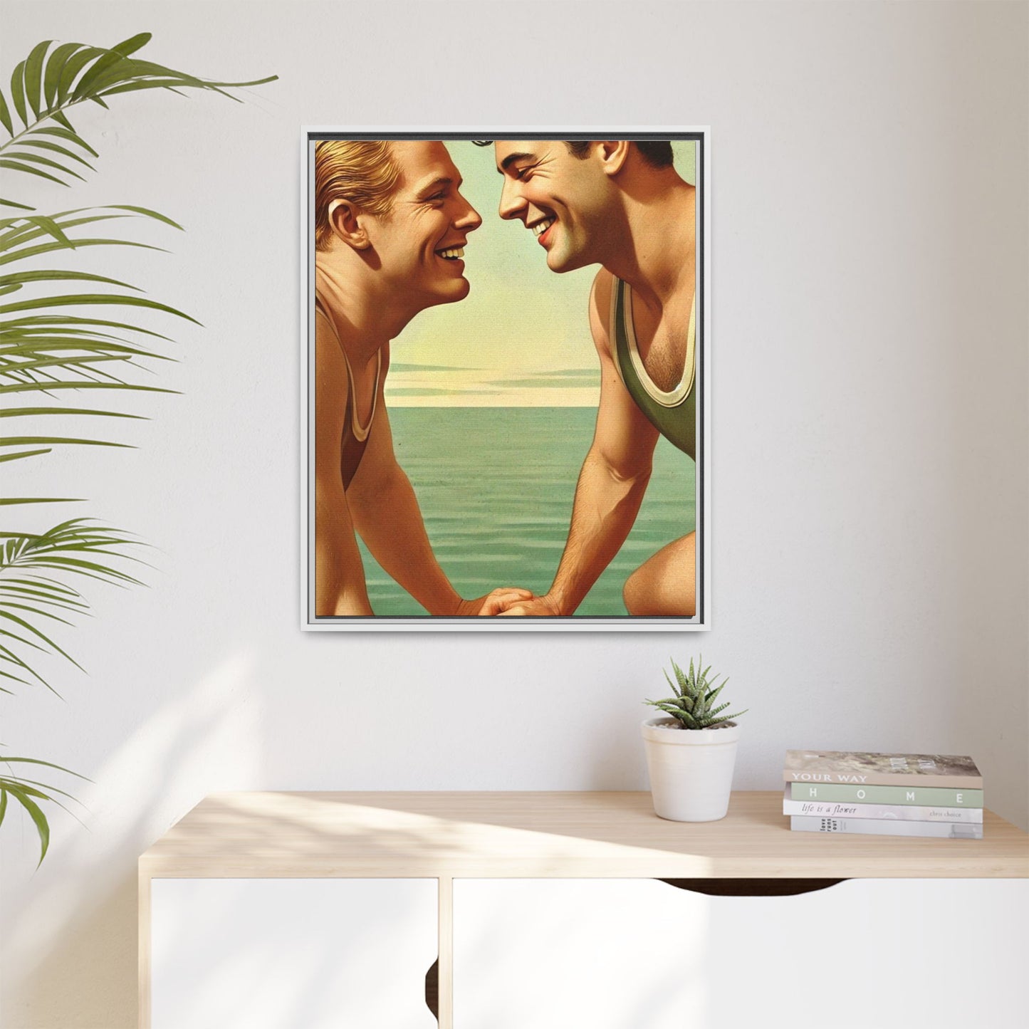 Vintage-style artwork of a joyful 1930s moment between a gay couple by the lake, dressed in classic swimwear and sharing warm smiles. Set on a serene wooden dock, this piece captures love, companionship, and LGBTQ+ history in an idyllic, nostalgic summer setting.