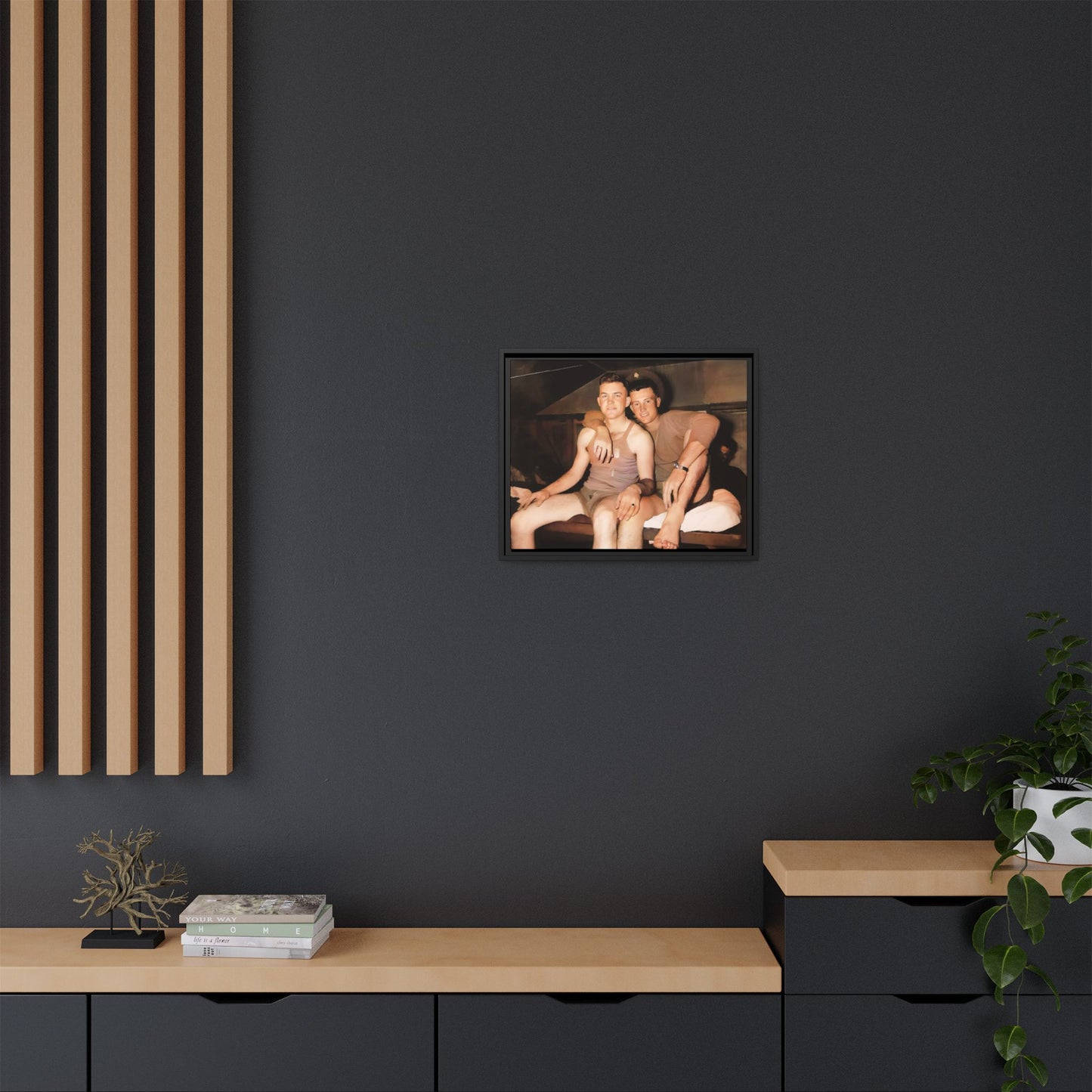Barracks, Oahu. This framed canvas print honors LGBTQ+ history, military camaraderie, and timeless love, making it a unique and meaningful piece for collectors and history enthusiasts.