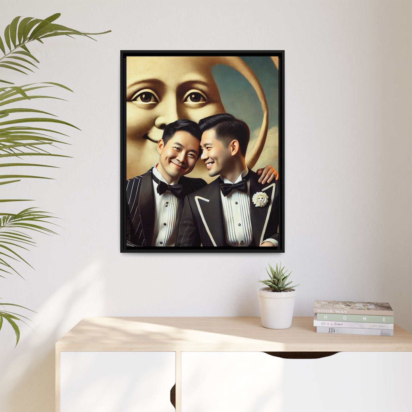 Framed matte canvas featuring a joyful queer Asian couple in tuxedos standing beneath a crescent moon. This artwork, part of the Missing Art Studies series, reimagines erased queer histories with warmth, dignity, and vintage-inspired style.