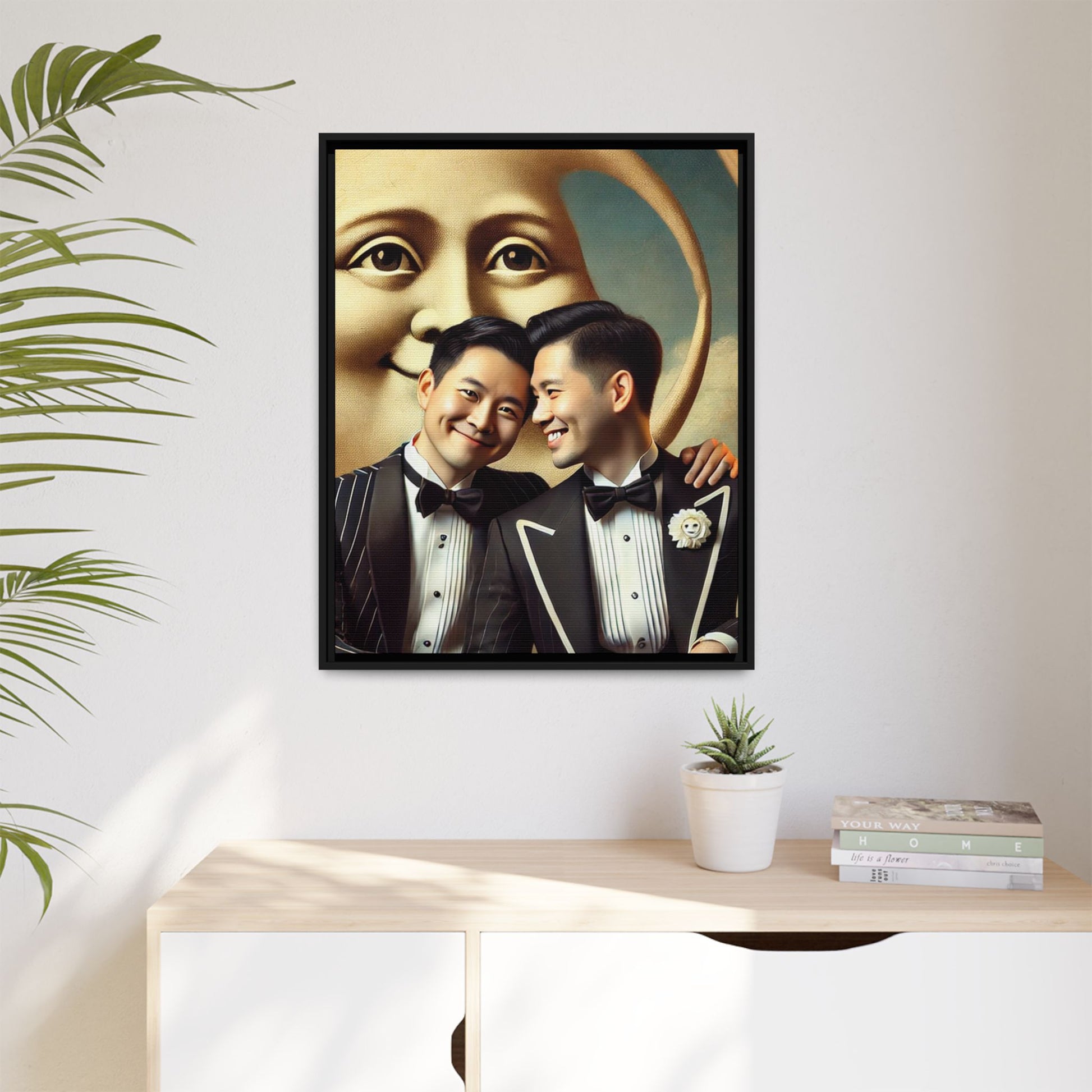 Framed matte canvas featuring a joyful queer Asian couple in tuxedos standing beneath a crescent moon. This artwork, part of the Missing Art Studies series, reimagines erased queer histories with warmth, dignity, and vintage-inspired style.