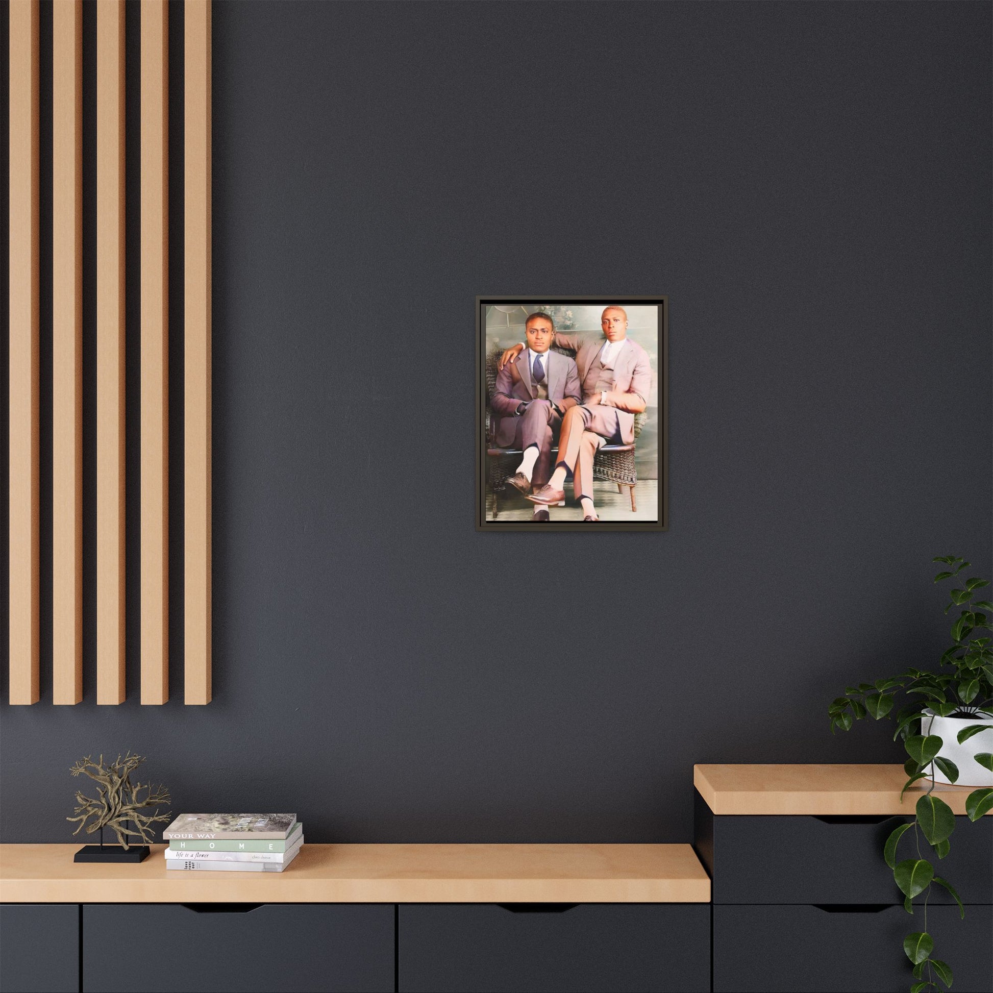 Restored vintage portrait of Walter & George, an African American gay couple seated in Birmingham AL, framed canvas art. Gay Juneteenth Black Love History Month