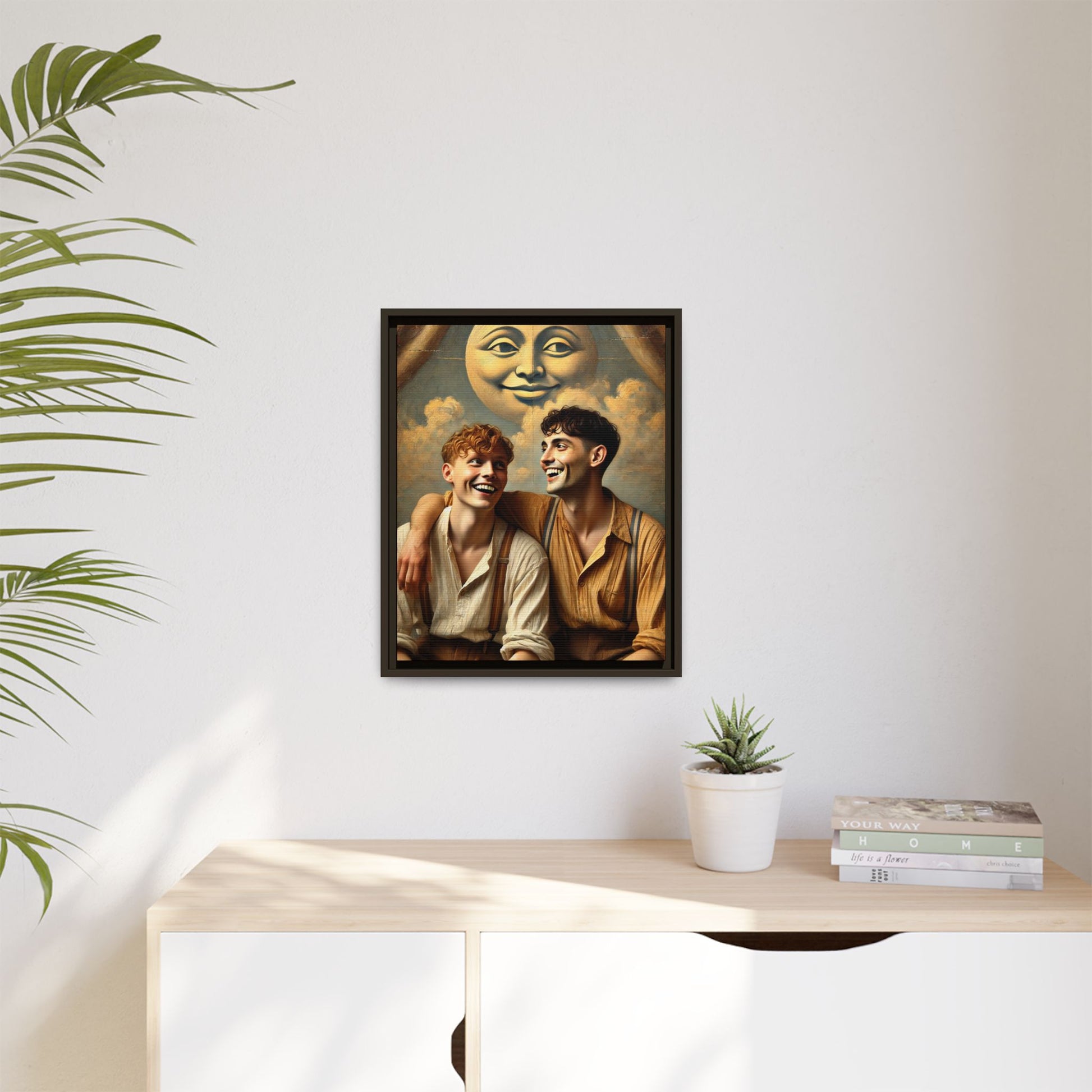 Queer artwork of two joyful young men dressed in vintage clothing with rolled sleeves and suspenders, laughing under a large moon prop in a dreamy studio scene. A celebration of love and resilience reclaimed from forgotten queer histories.