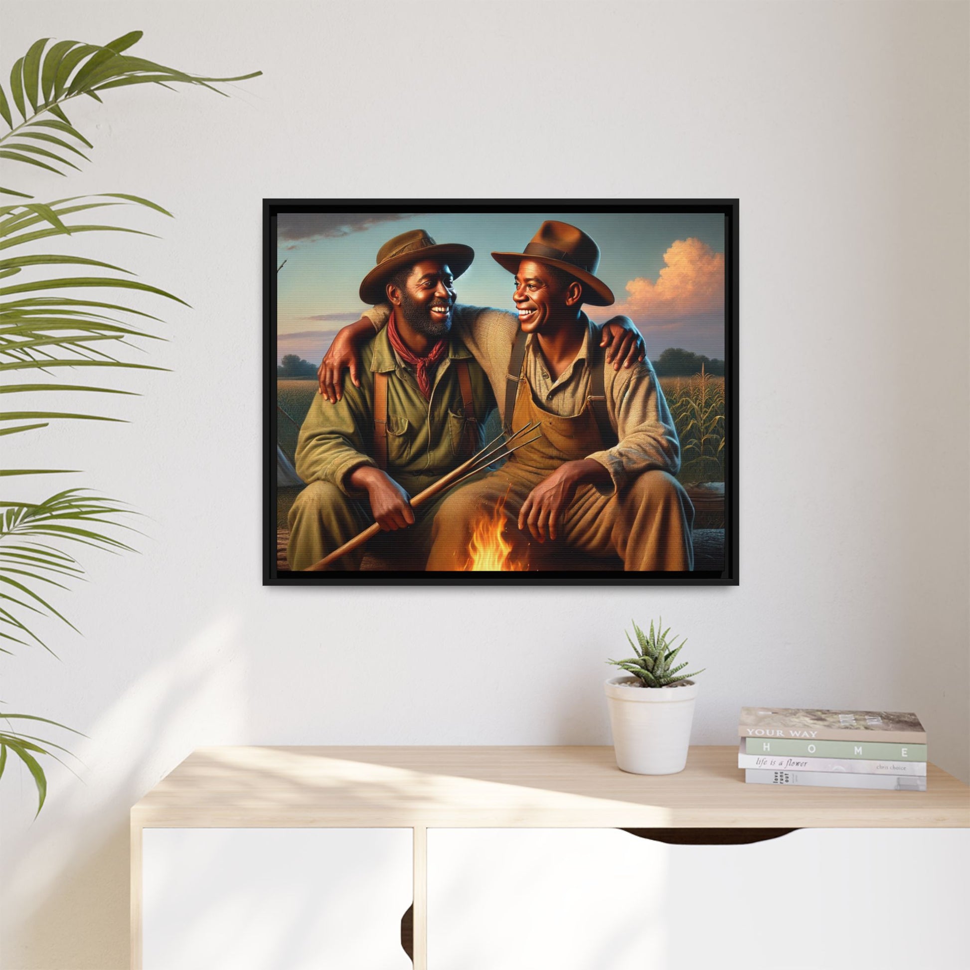 Artwork of an older African-American queer couple sharing a warm, joyful moment by a campfire in rural Iowa. Set against vast fields and an open sky, the scene captures love, resilience, and the nostalgic beauty of Americana, with firelight illuminating their laughter and companionship