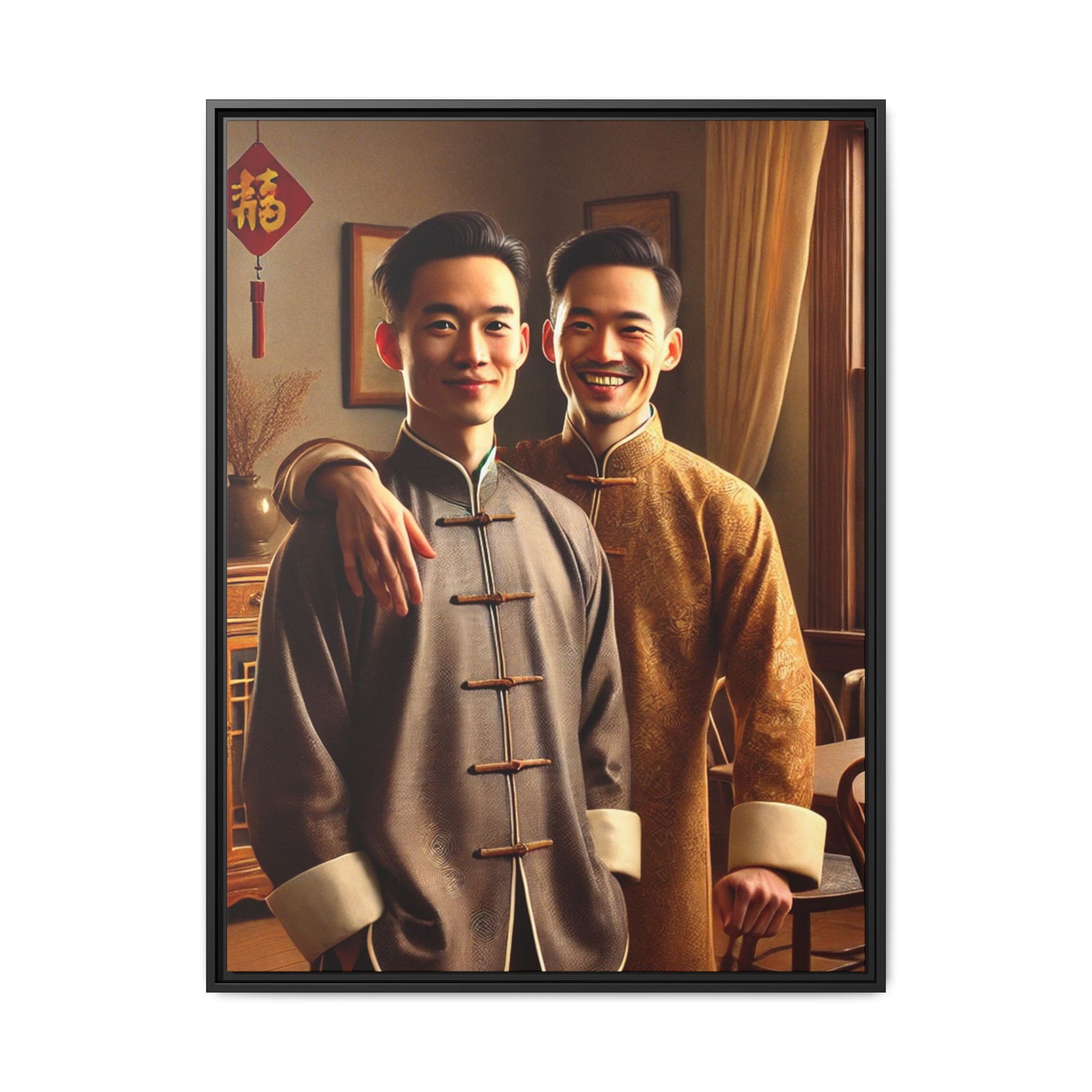 Artwork featuring a joyful portrait of a Chinese queer couple celebrating Chinese New Year in traditional attire. Set in a cozy American home adorned with subtle decorations, this image captures love, cultural pride, and warmth, blending Chinese heritage with a Midwestern setting