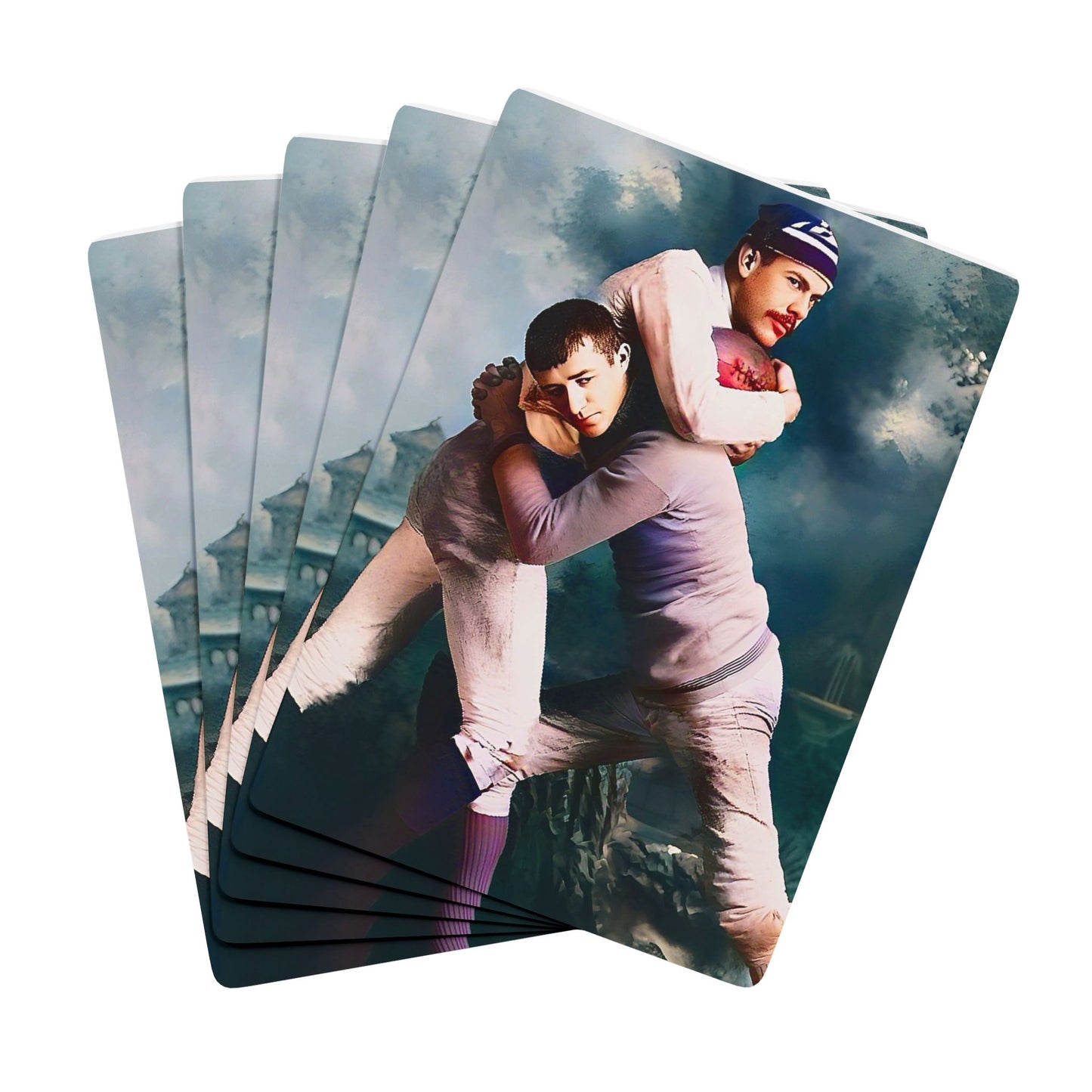 Vintage photo of two rugby players in a close embrace, symbolizing LGBTQ+ love and deep bonds in early 20th-century sports.