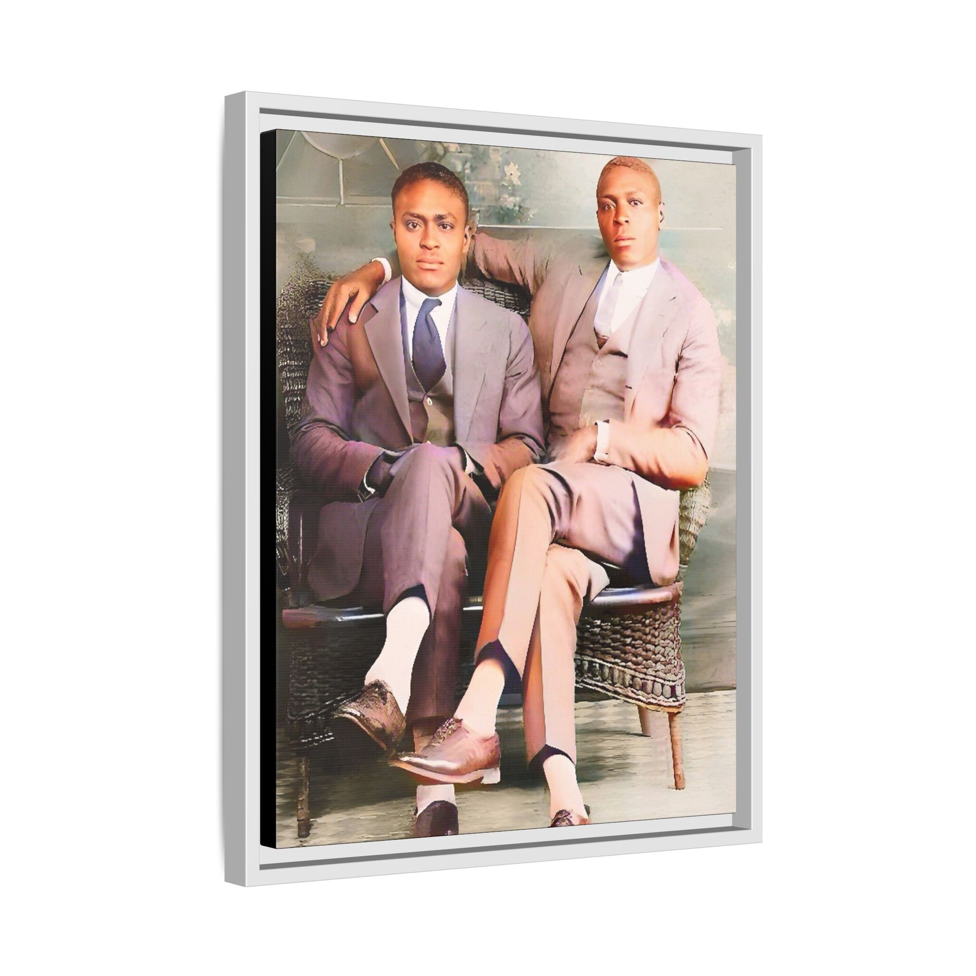 Restored vintage portrait of Walter & George, an African American gay couple seated in Birmingham AL, framed canvas art. Gay Juneteenth Black Love History Month