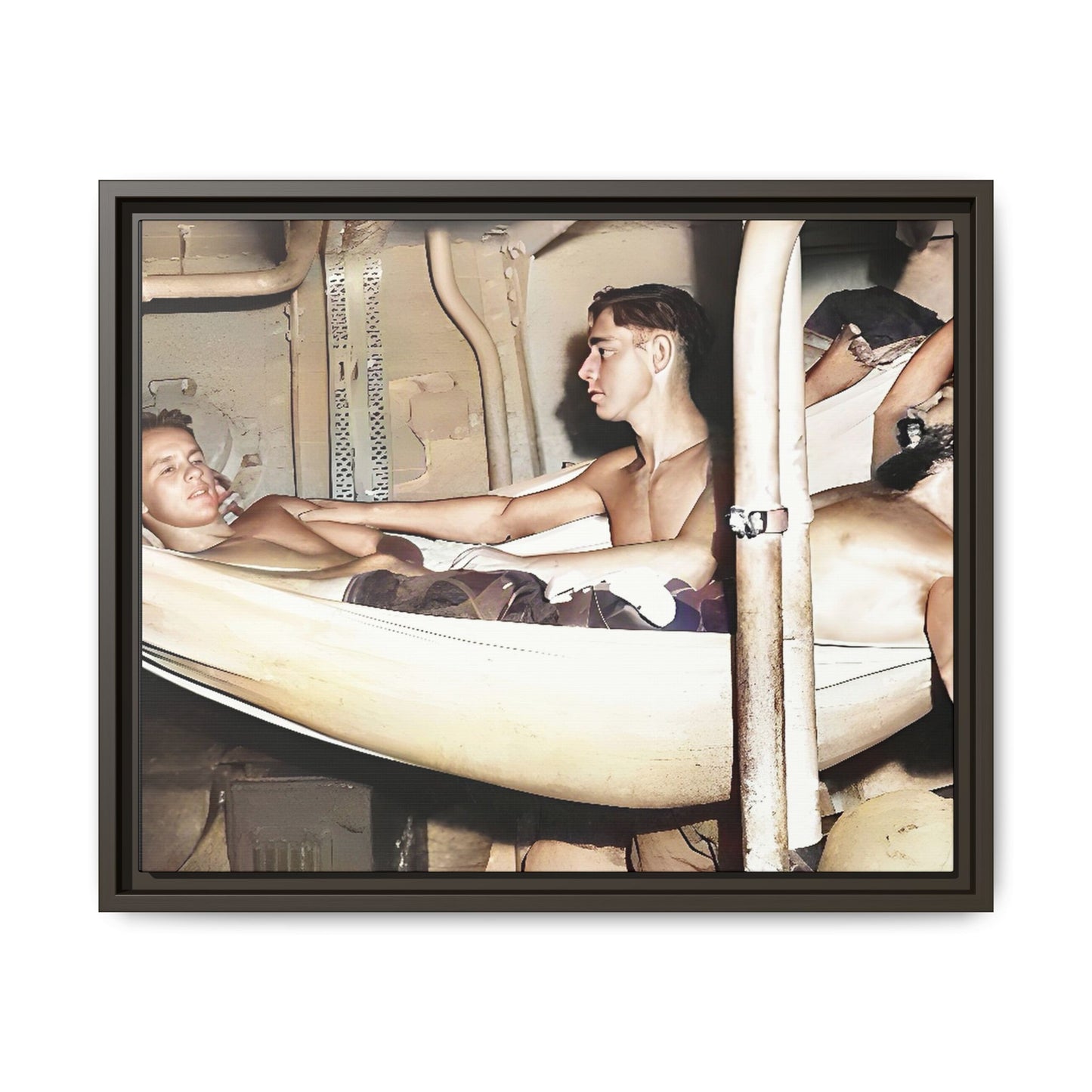 A framed vintage maritime photo on matte canvas featuring sailors aboard the Orleans, capturing life at sea and camaraderie.