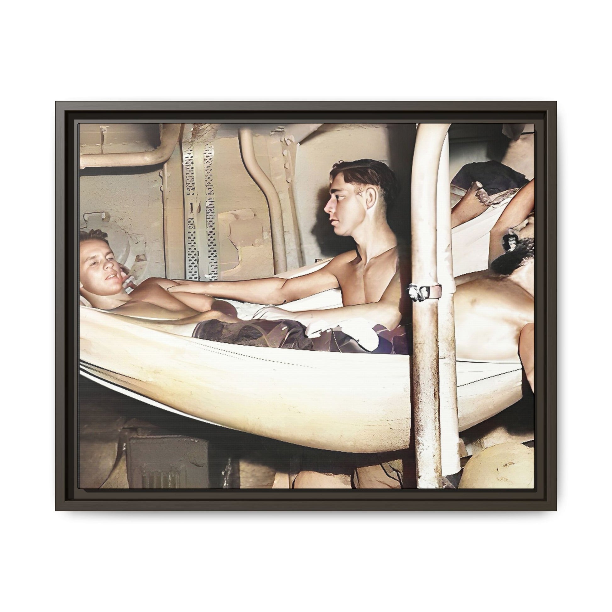 A framed vintage maritime photo on matte canvas featuring sailors aboard the Orleans, capturing life at sea and camaraderie.