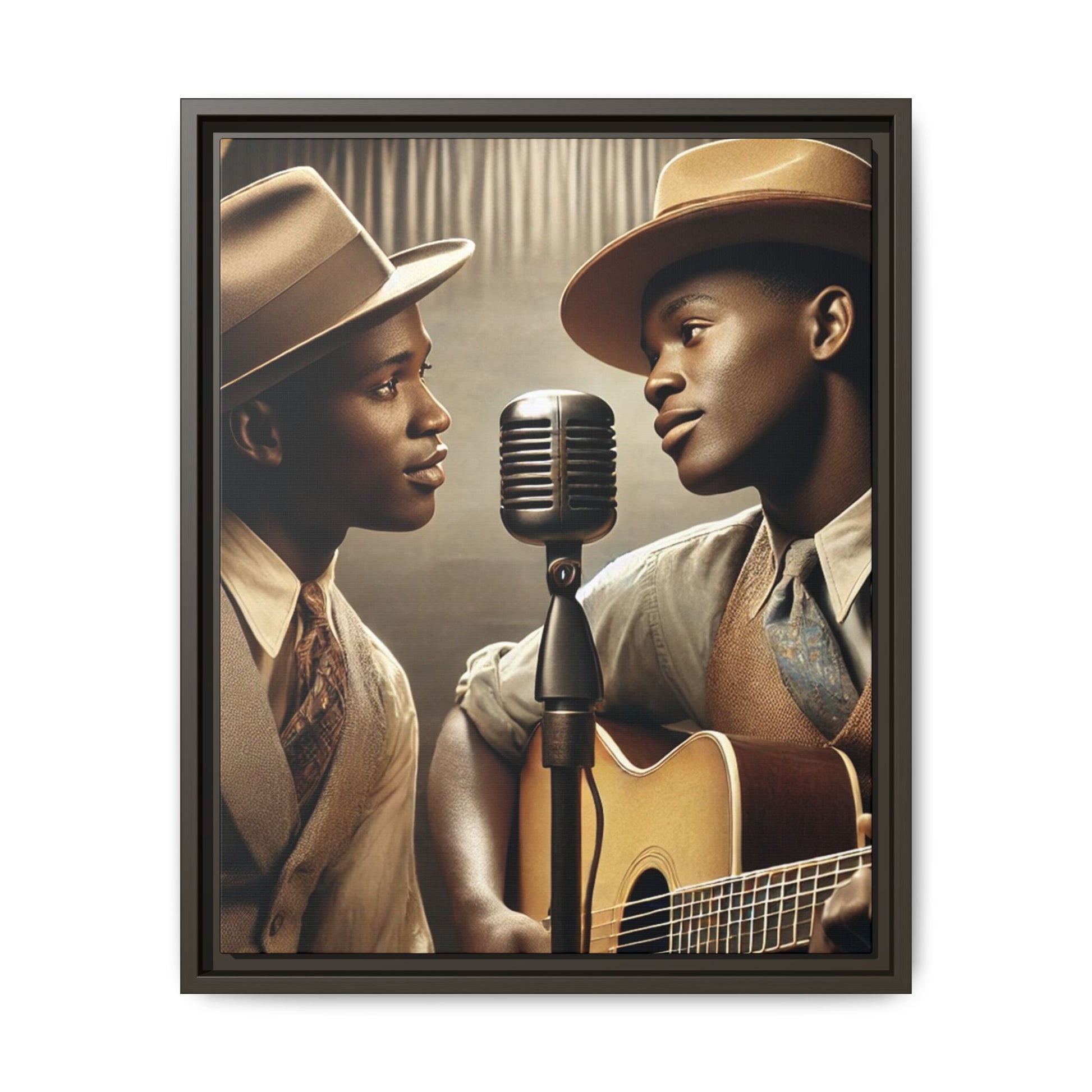 Artwork of an African-American gay couple recording a song in a 1930s-style studio. Dressed in vintage attire with fedoras and ties, they share a close, tender moment around a classic microphone, capturing love, music, and cultural heritage in a nostalgic setting