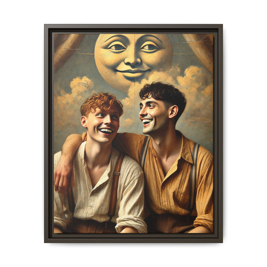 Queer artwork of two joyful young men dressed in vintage clothing with rolled sleeves and suspenders, laughing under a large moon prop in a dreamy studio scene. A celebration of love and resilience reclaimed from forgotten queer histories.