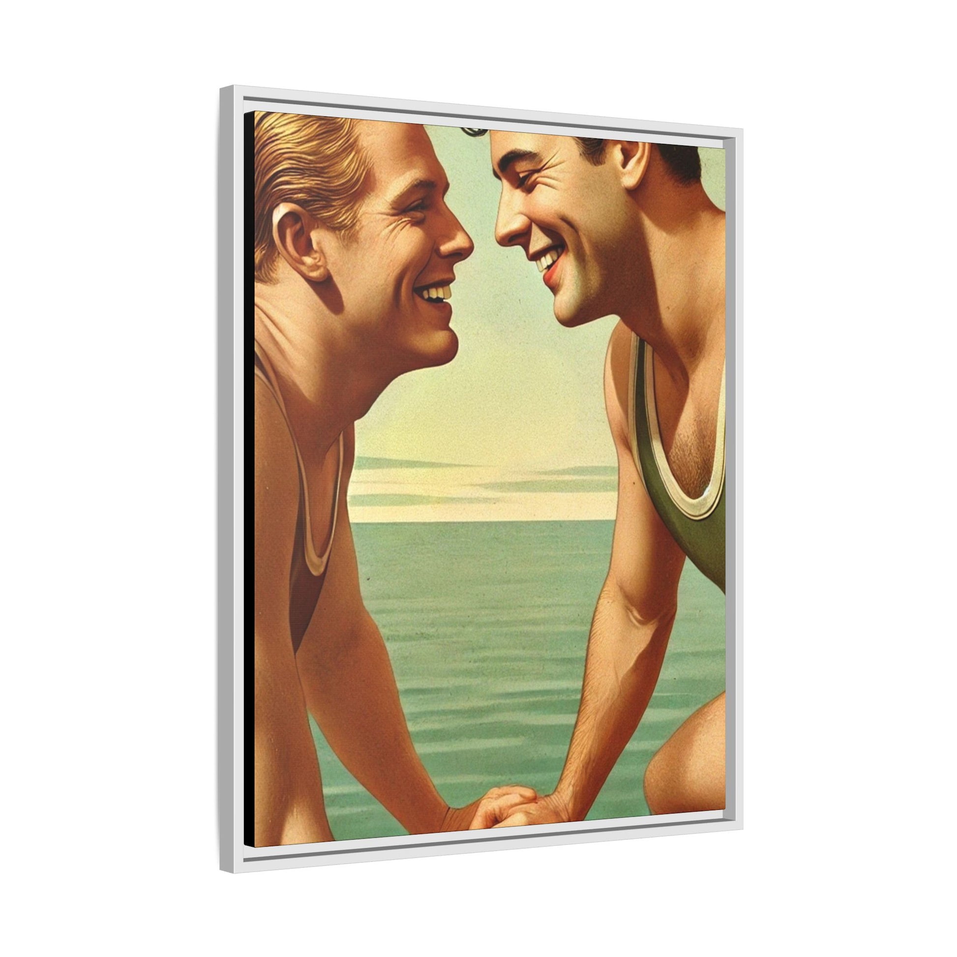 Vintage-style artwork of a joyful 1930s moment between a gay couple by the lake, dressed in classic swimwear and sharing warm smiles. Set on a serene wooden dock, this piece captures love, companionship, and LGBTQ+ history in an idyllic, nostalgic summer setting.