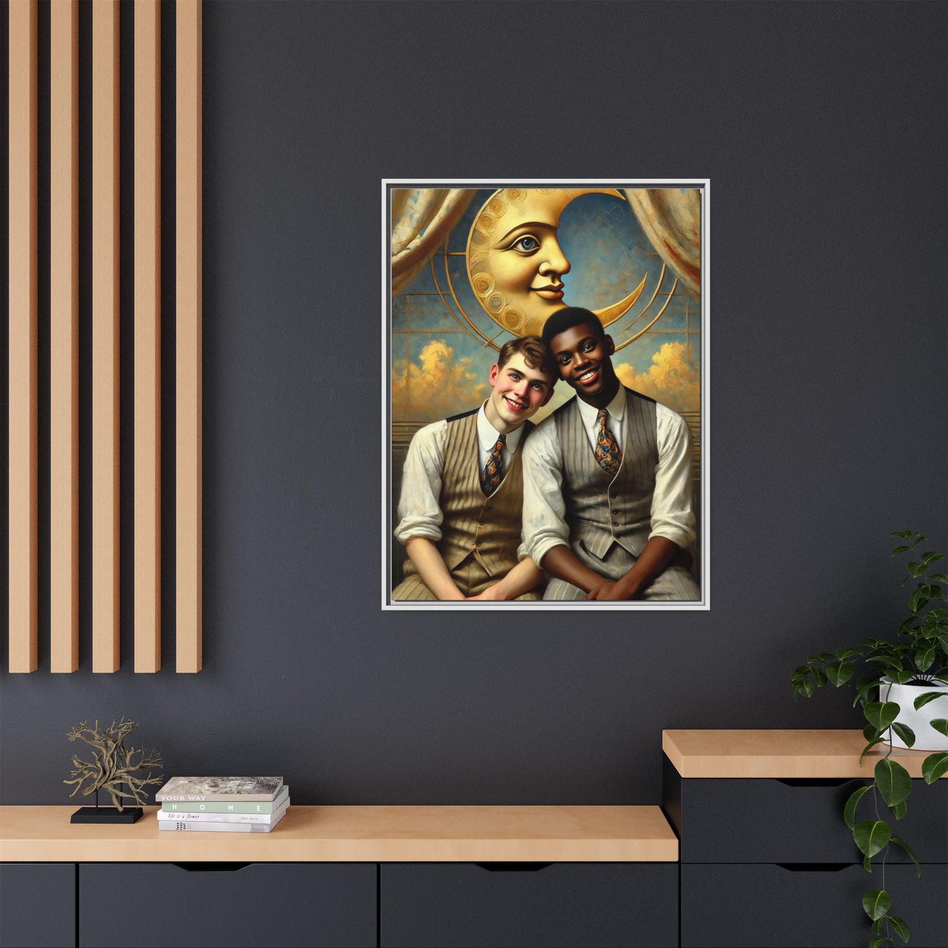 A vintage-style artwork showing a young interracial gay couple in 1920s attire sitting beneath a golden crescent moon with a serene expression. Their joyful closeness reclaims erased queer history and reflects the beauty of interracial love through a lens of tenderness and celebration.