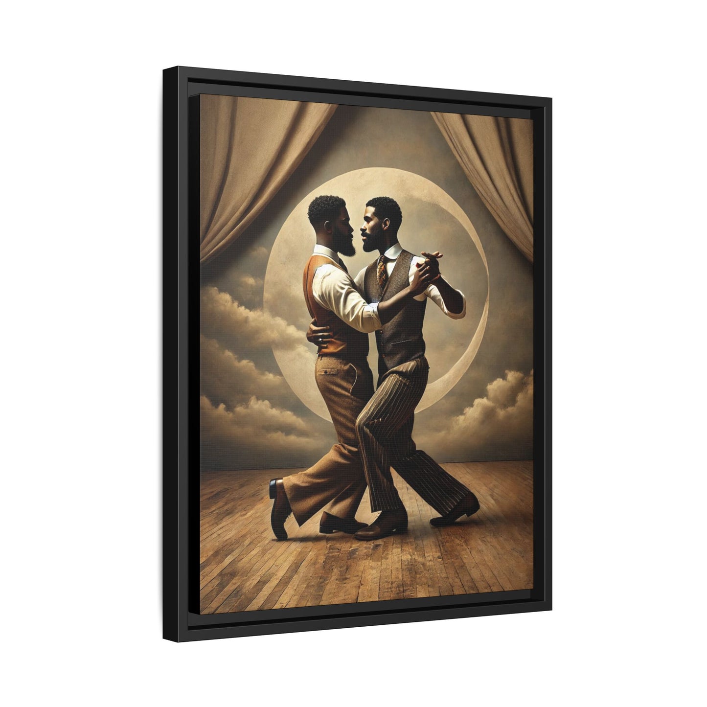Original artwork of two Black men ballroom dancing in vintage 1920s suits under a glowing moon backdrop. A romantic and powerful tribute to queer love and Black history that reclaims moments lost to systemic bias and cultural erasure.