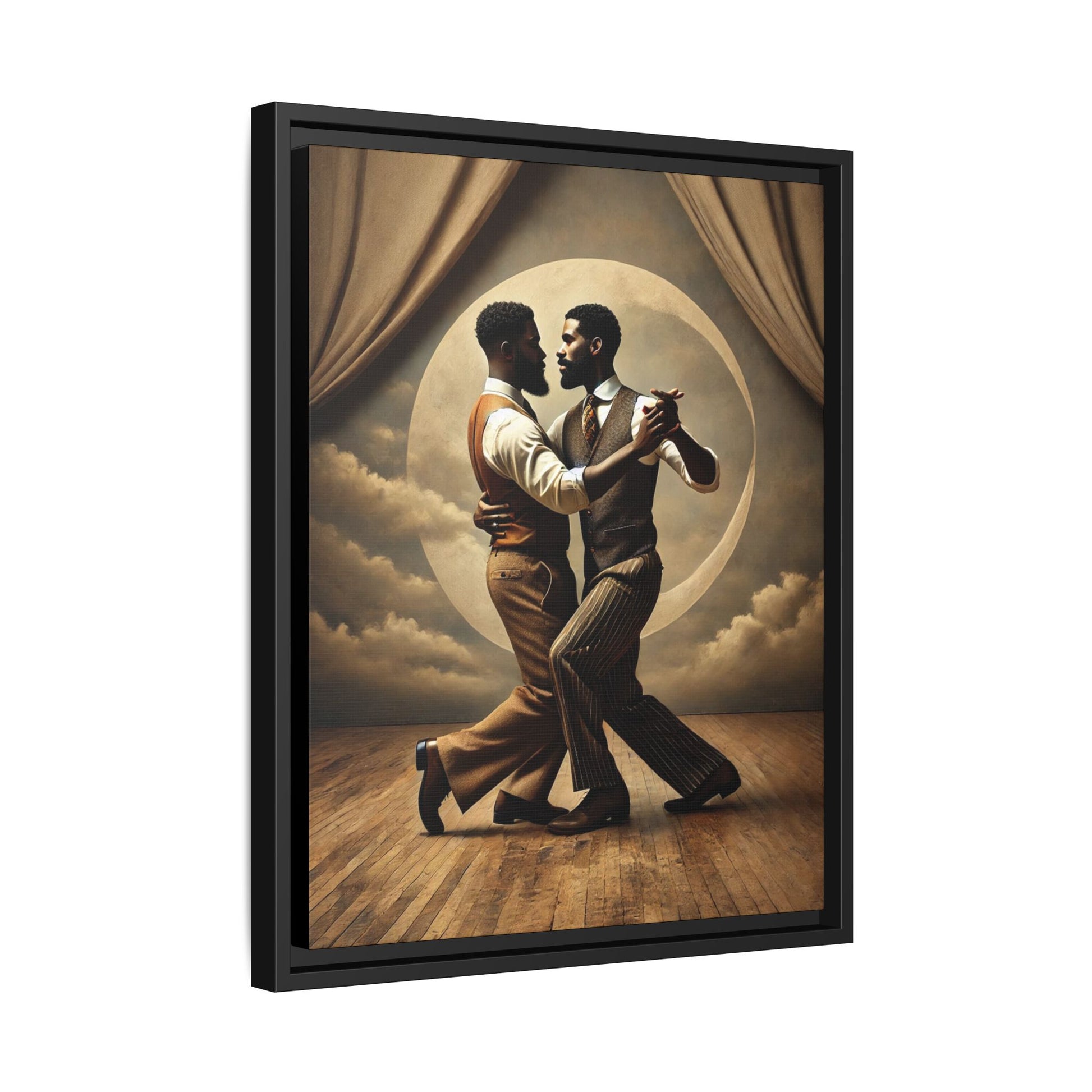Original artwork of two Black men ballroom dancing in vintage 1920s suits under a glowing moon backdrop. A romantic and powerful tribute to queer love and Black history that reclaims moments lost to systemic bias and cultural erasure.