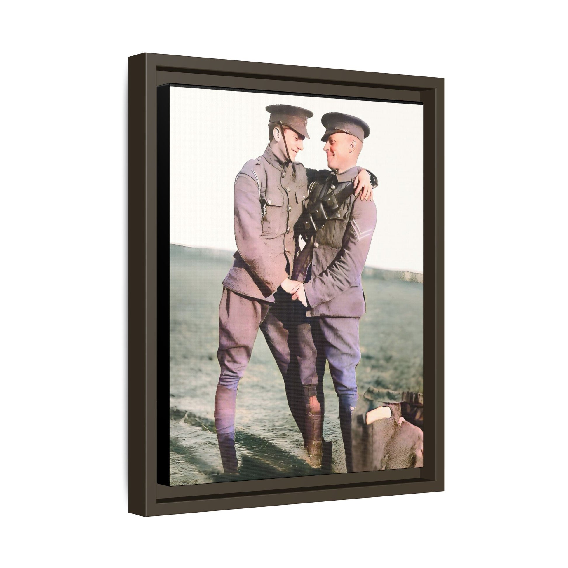 A restored vintage military portrait of Lee & Clifford, soldiers in the Battle of Amiens. This framed matte canvas honors LGBTQ+ history, resilience, and love in wartime.