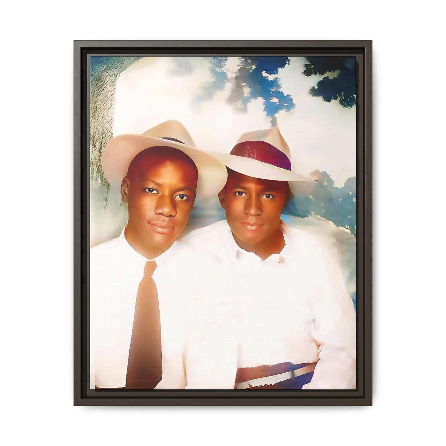 A restored vintage portrait of Bryson & Damien in Taylor, Mississippi. This framed matte canvas celebrates LGBTQ+ history, Southern charm, and timeless love. African American Gay Couple