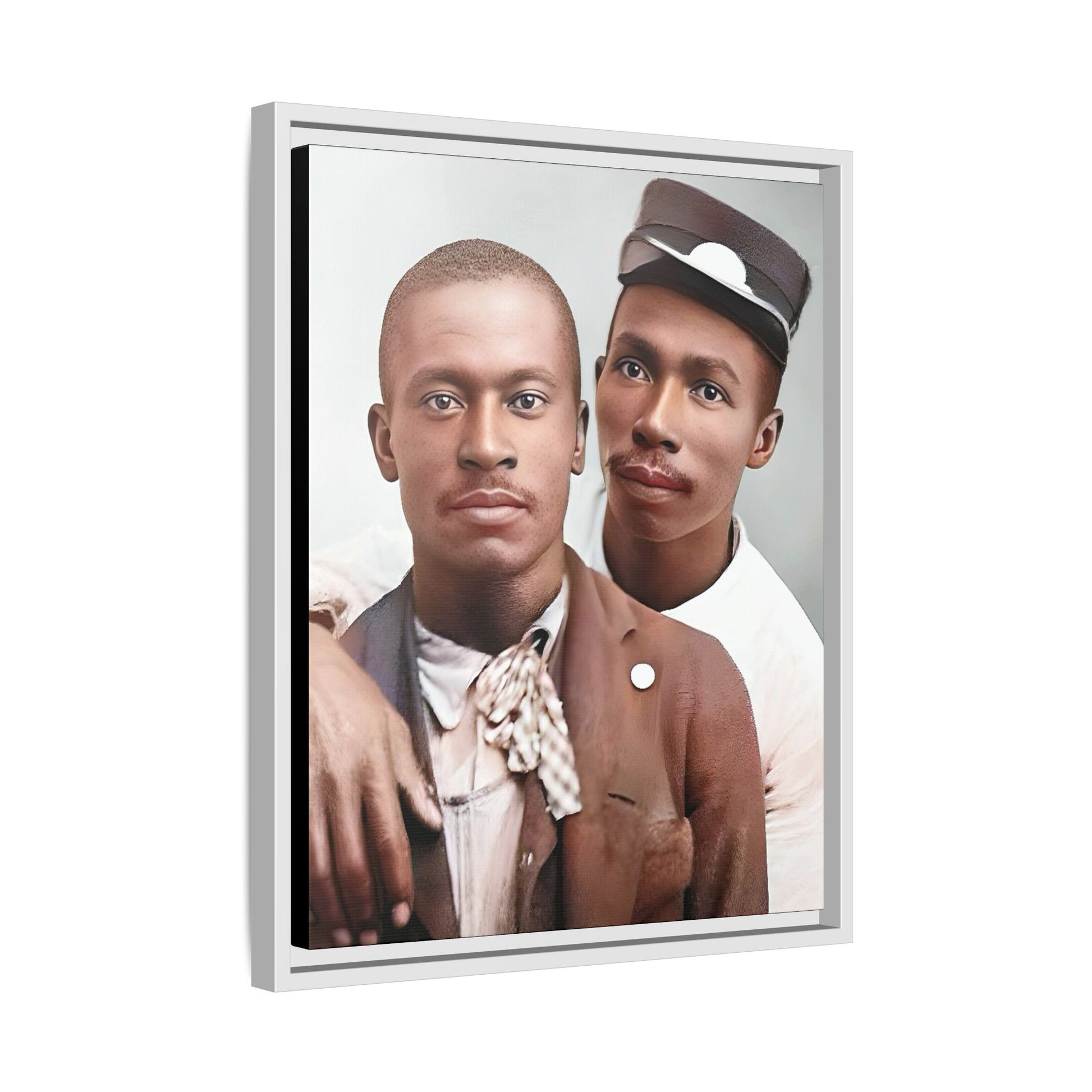 A restored vintage portrait of Willie & Louis at Metro-North Railroad in Harlem, New York. This framed matte canvas celebrates LGBTQ+ history, African American heritage, and timeless love. Gay Couple