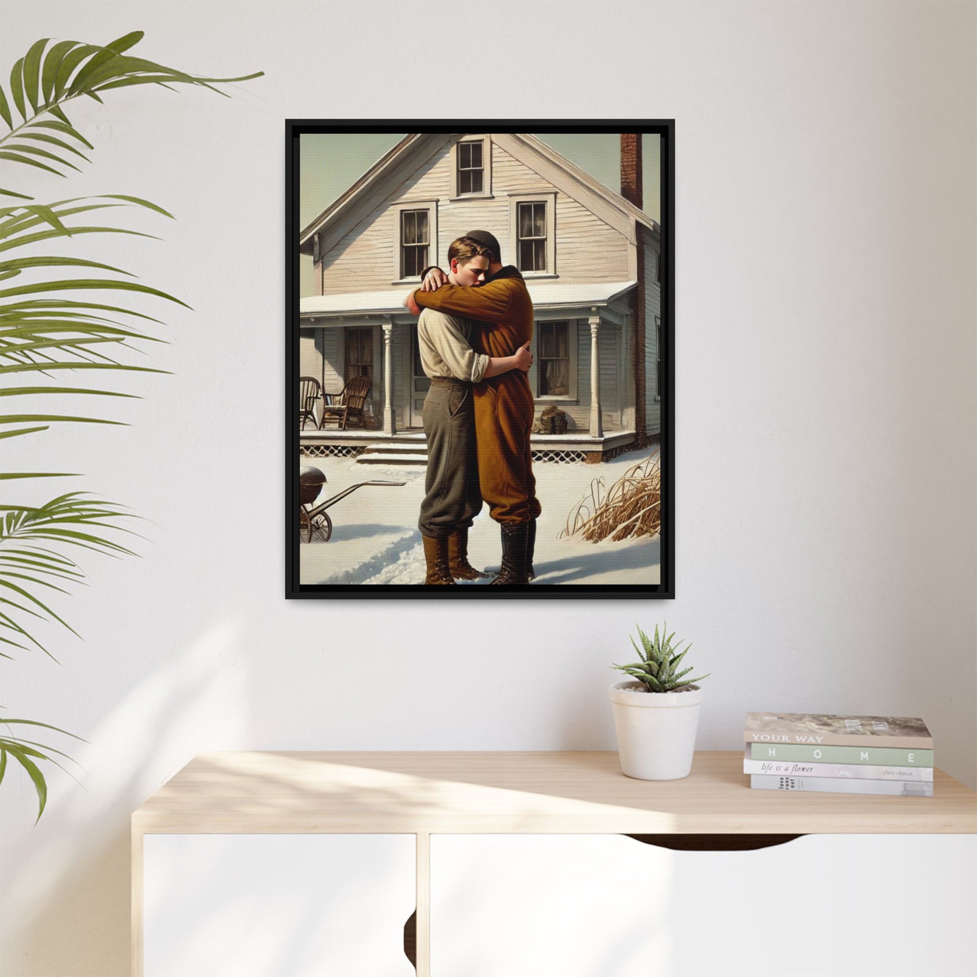 Artwork of a tender moment between a gay couple embracing outside a farmhouse in a snowy, rural landscape. Dressed in vintage attire, the two men find warmth and comfort in each other’s arms, capturing love and connection in a serene, Americana winter setting