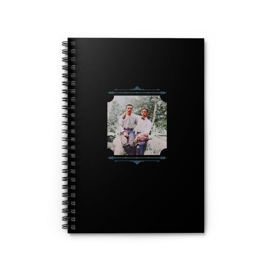 Spiral notebook with vintage photo of two men outdoors sitting together on a rock, lovingly posed