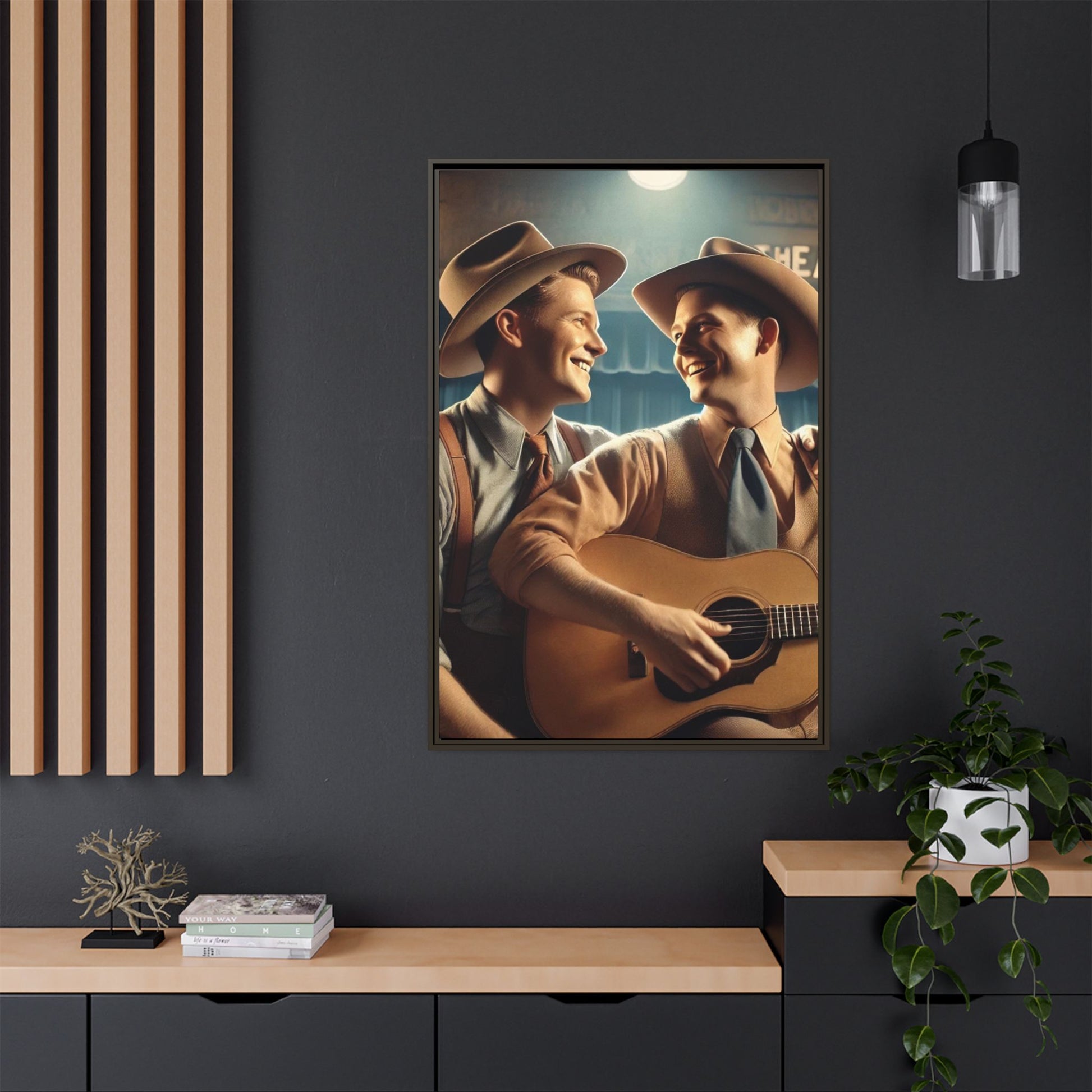 Artwork of a gay couple recording a country-western song in a 1930s-style studio. Dressed in classic Western attire with wide-brimmed hats and button-up shirts, the two men share an affectionate gaze, capturing love and unity in a nostalgic, vintage setting.