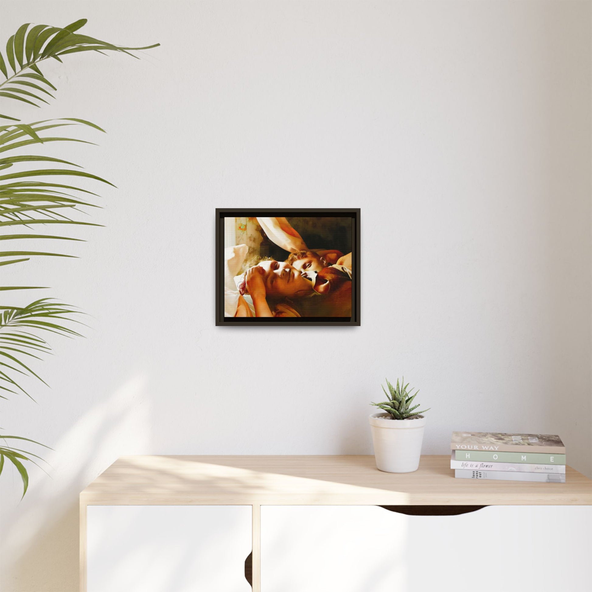 A heartwarming vintage portrait of Edwin and Floyd in Burlington, Vermont. This framed canvas print captures a quiet moment of LGBTQ+ love and intimacy, perfect for home decor, collectors, or as a sentimental gift celebrating timeless affection.