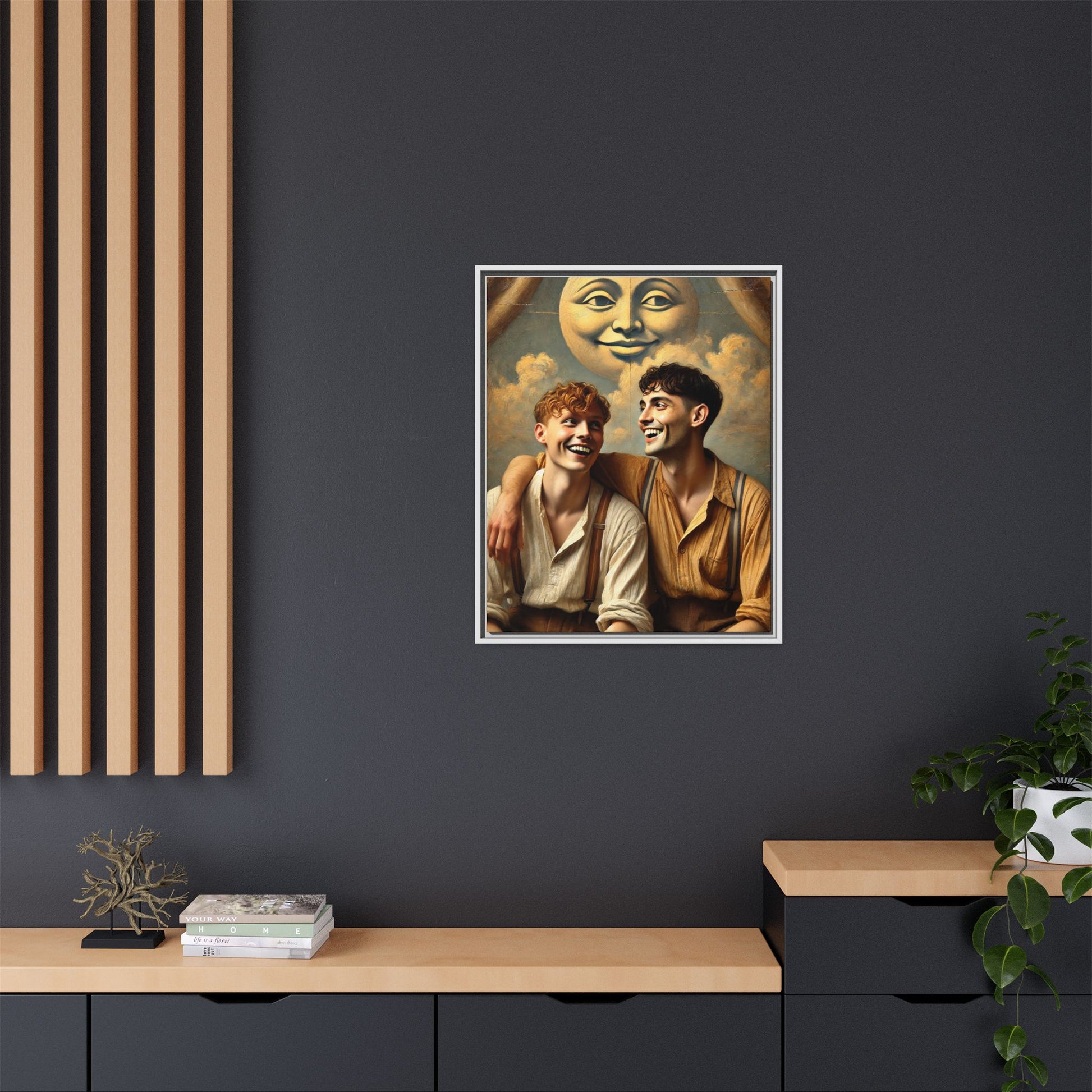 Queer artwork of two joyful young men dressed in vintage clothing with rolled sleeves and suspenders, laughing under a large moon prop in a dreamy studio scene. A celebration of love and resilience reclaimed from forgotten queer histories.