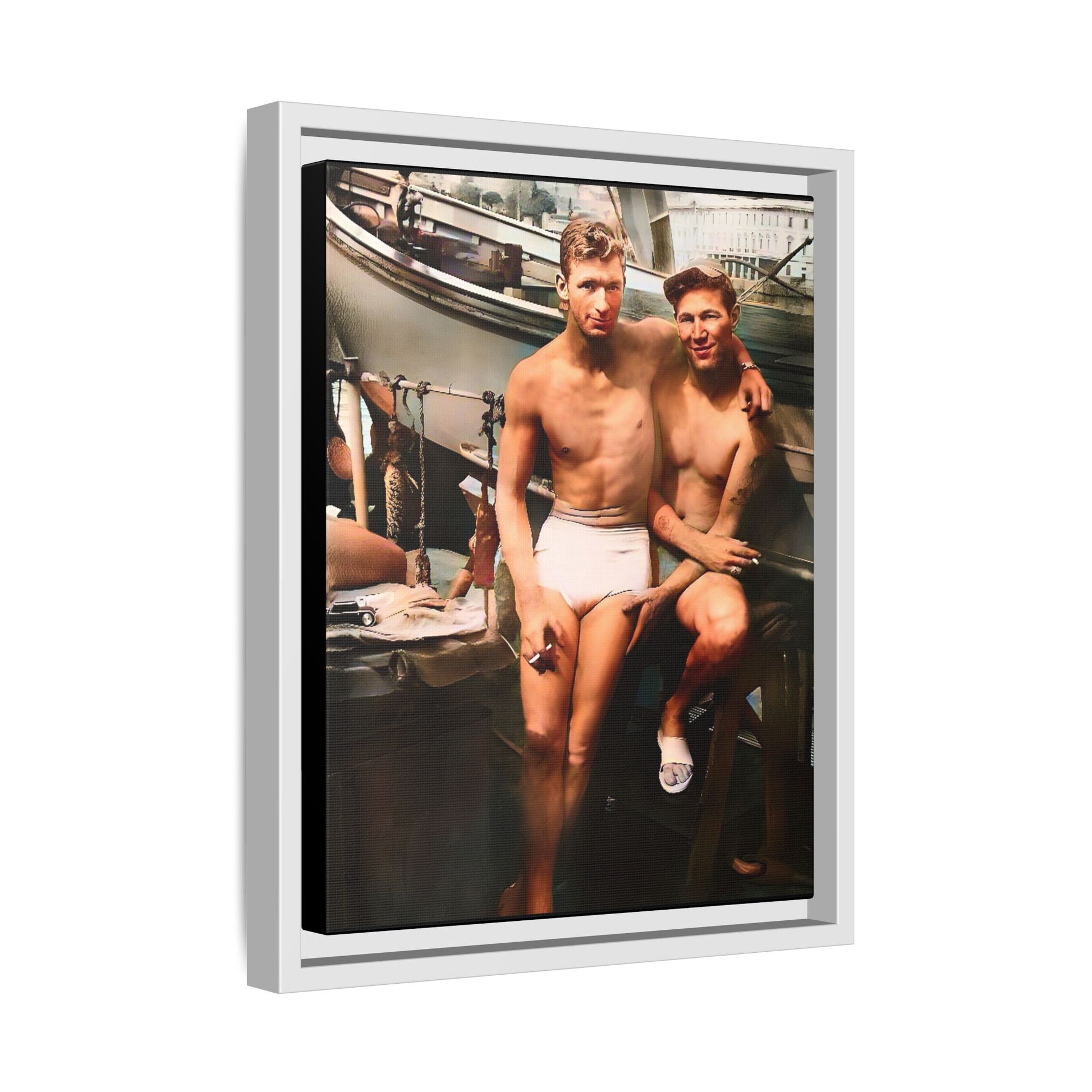 A framed vintage nautical portrait on matte canvas featuring Richard and Joey in Gulf Shores, Alabama, capturing timeless LGBTQ+ connection and coastal charm. Gay Couple