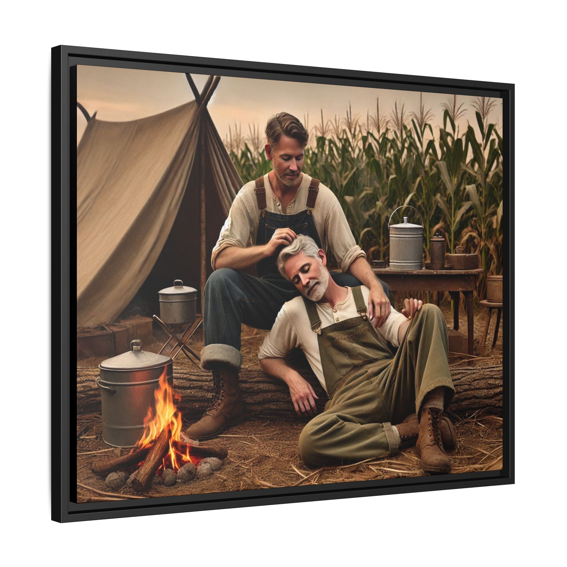 Older queer couple sharing a tender moment by the campfire, celebrating love