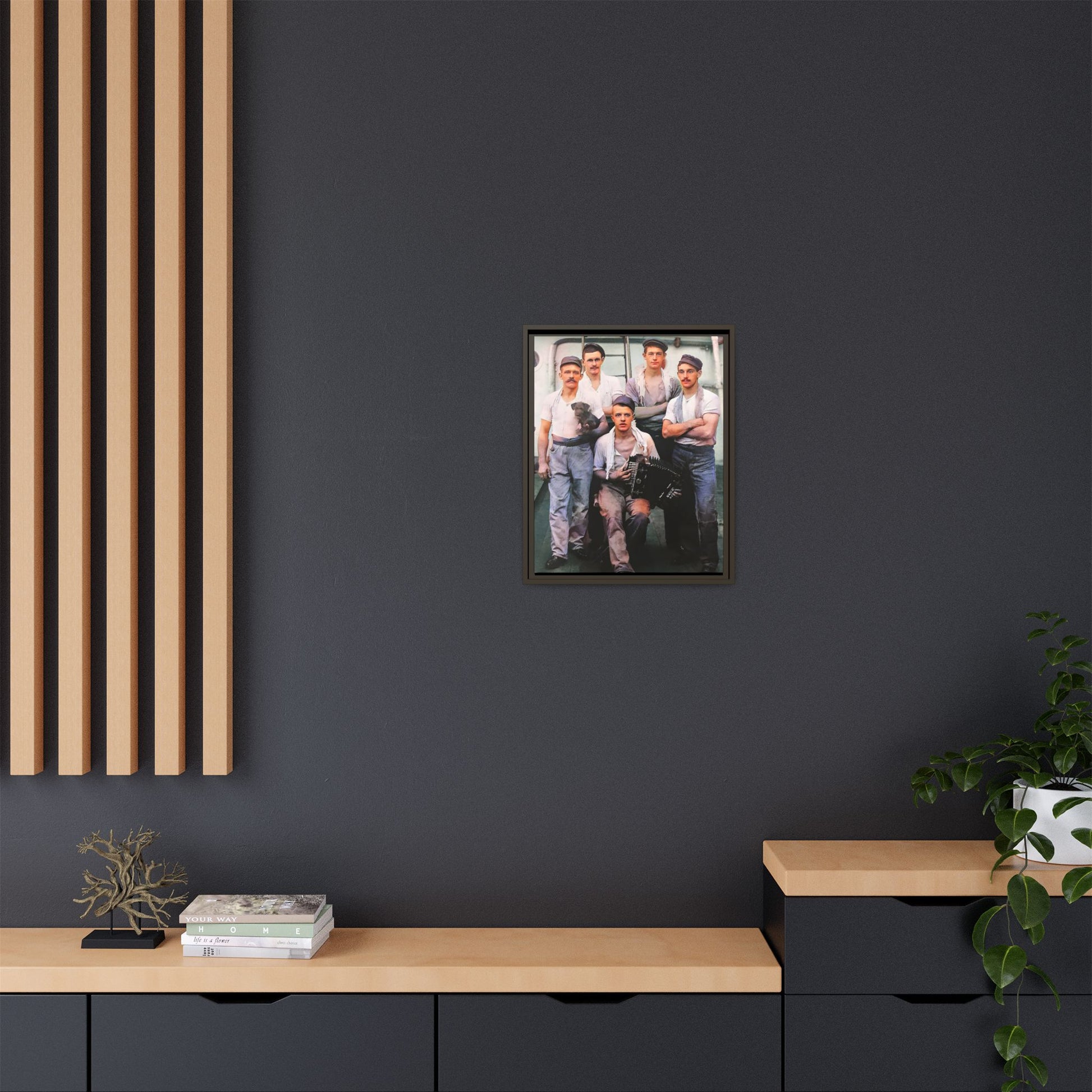 A vintage maritime photograph printed on matte canvas, featuring sailors aboard the Waimarino Cargo Ship, highlighting companionship, tradition, and the spirit of life at sea.