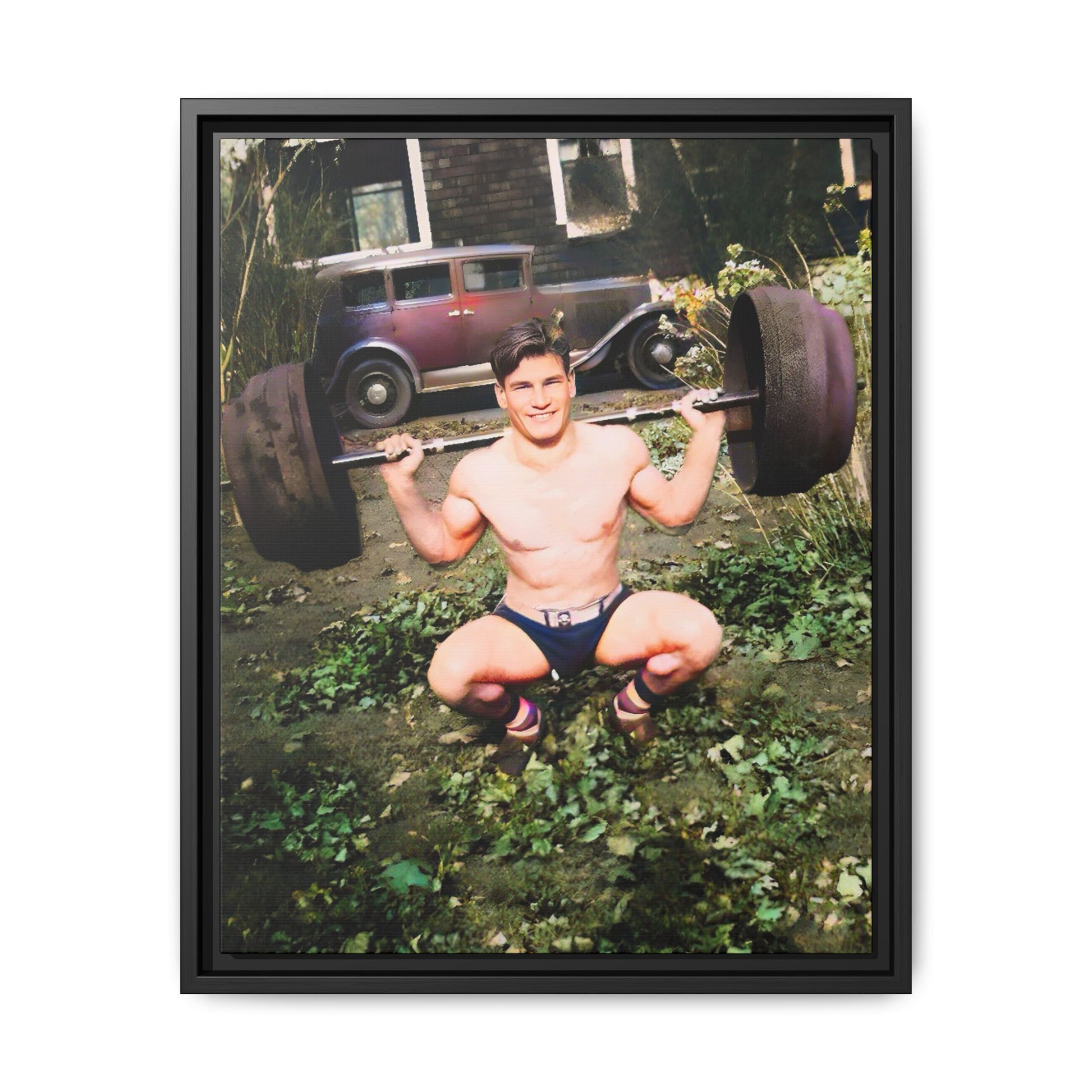 A restored 1934 vintage portrait of Wayne in Lake Forest, Illinois. This framed matte canvas captures strength, charm, and small-town American heritage. Gay Body Builder