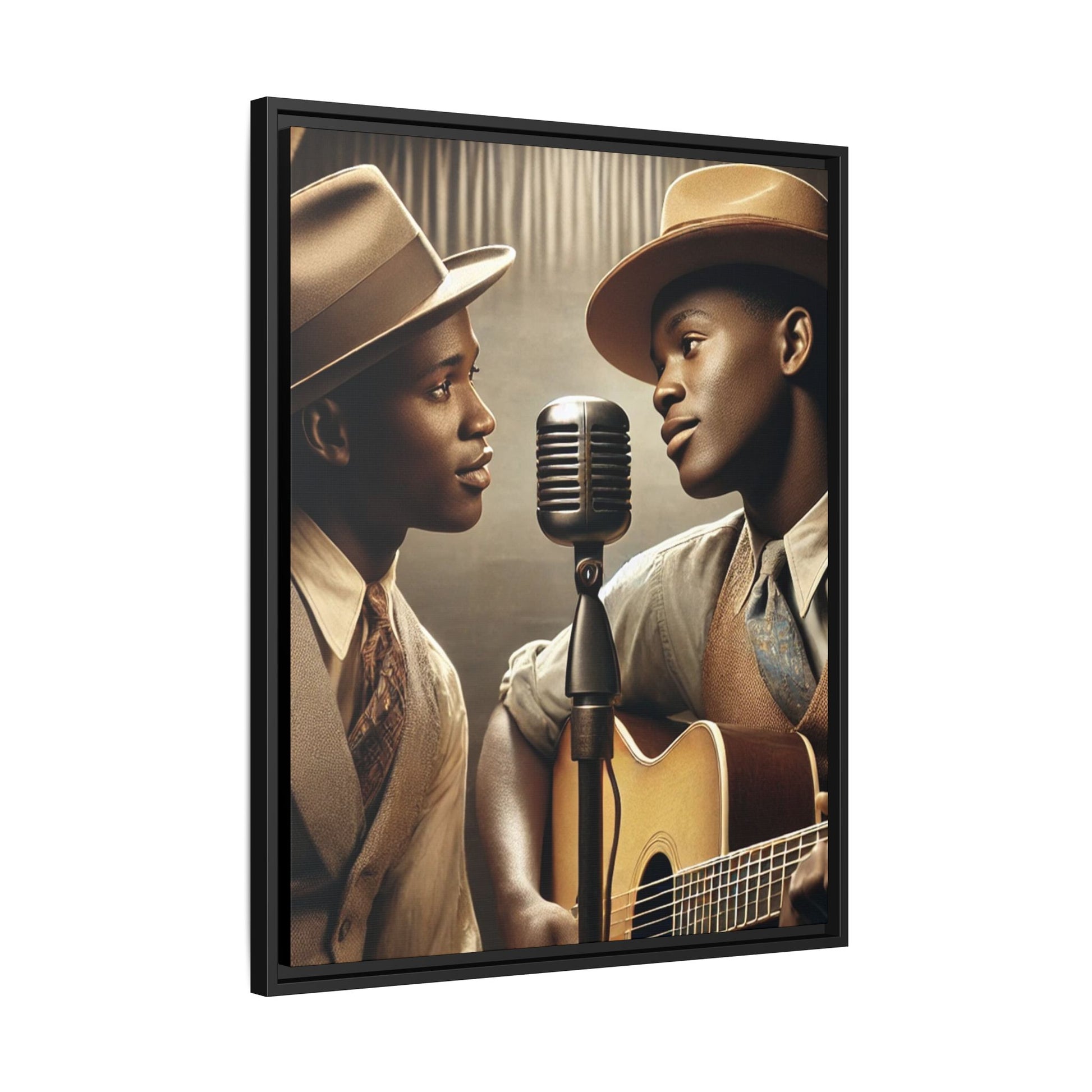 Artwork of an African-American gay couple recording a song in a 1930s-style studio. Dressed in vintage attire with fedoras and ties, they share a close, tender moment around a classic microphone, capturing love, music, and cultural heritage in a nostalgic setting
