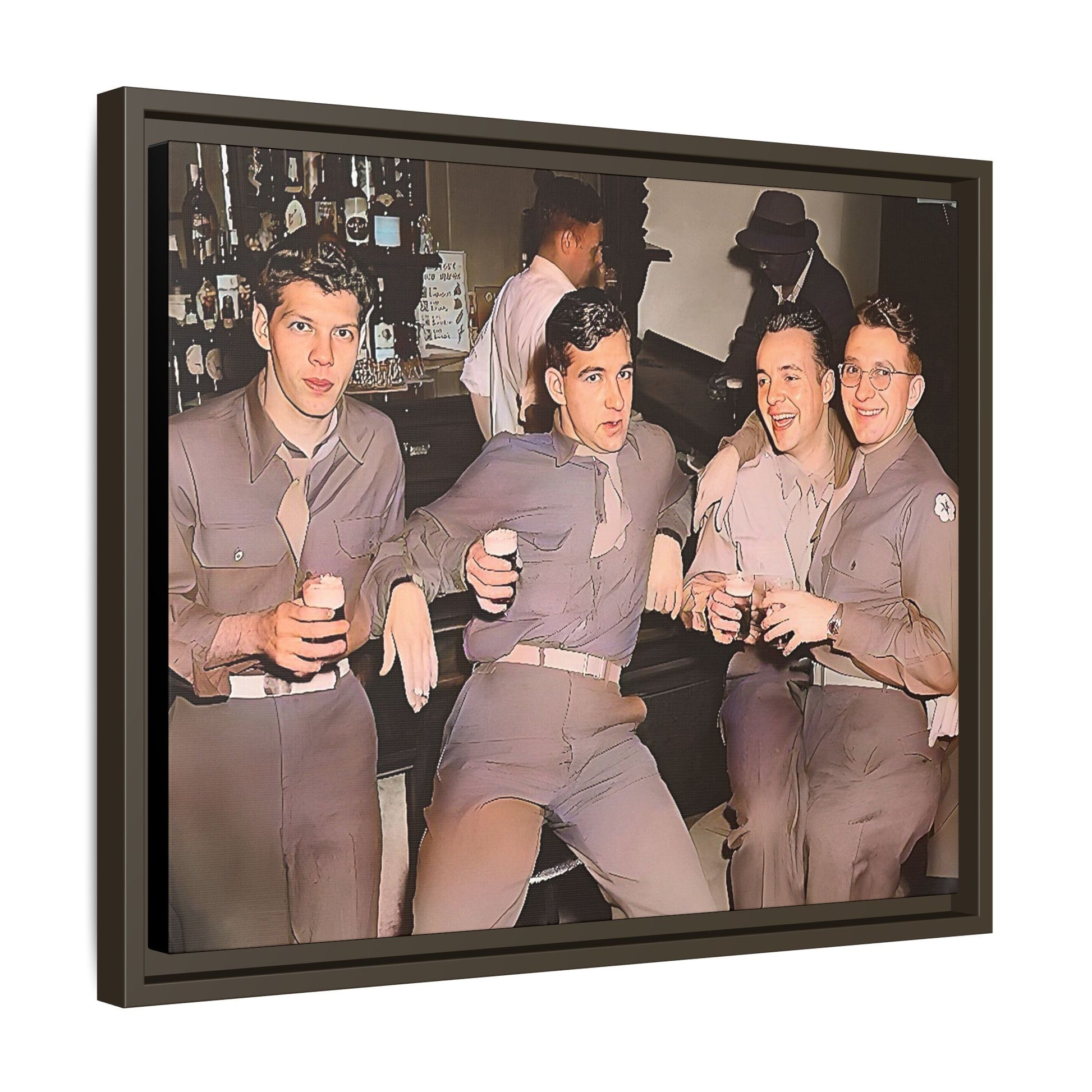 Restored vintage photograph of soldiers in uniform gathered at Jackson's gay bar in mid-20th century San Francisco. Framed matte canvas print celebrating camaraderie, resilience, and LGBTQ+ history