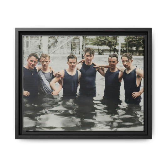 Restored vintage photograph of six bathers standing in shallow water in period swimwear