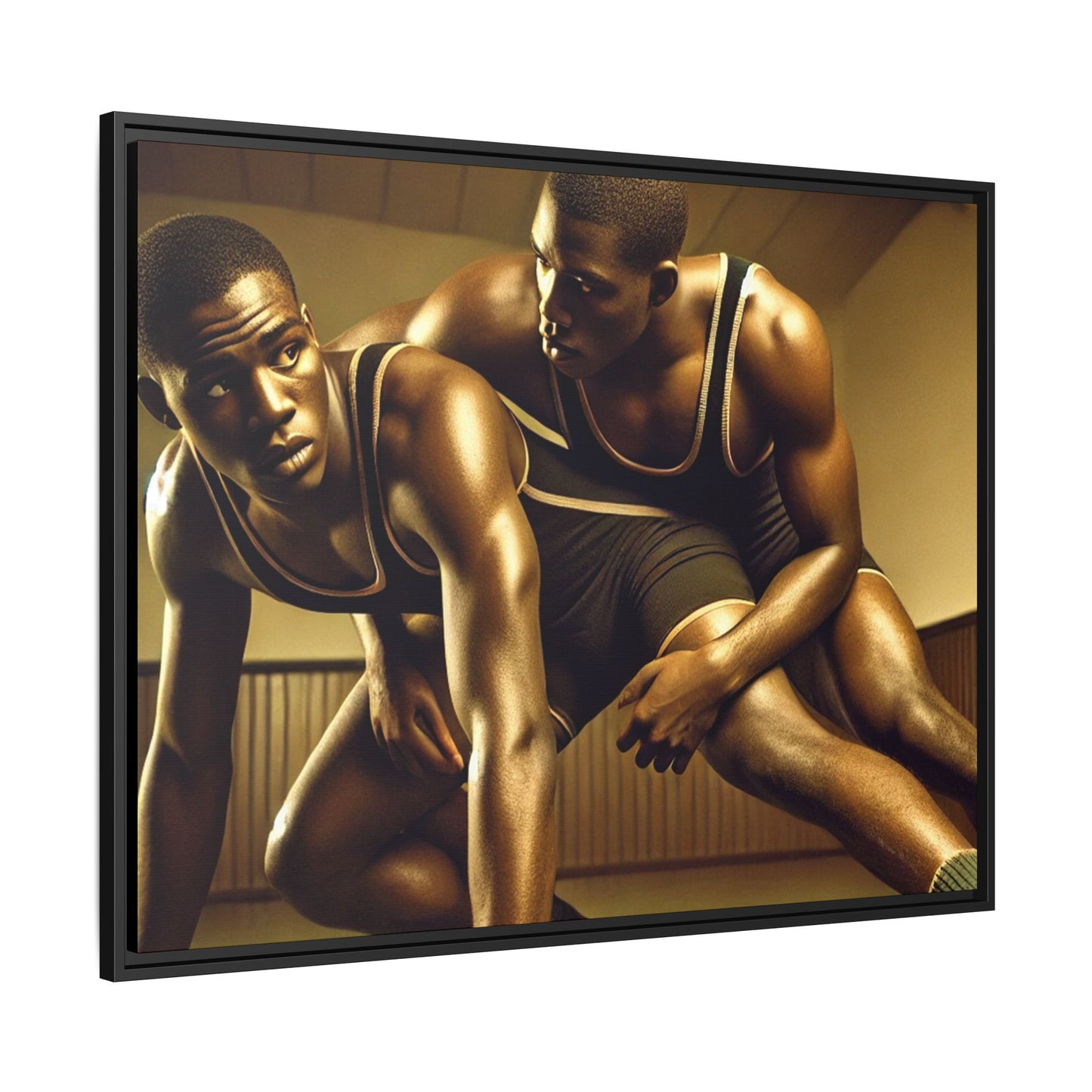 Framed artwork inspired by Grant Wood, showcasing African-American wrestlers in a vintage gymnasium setting. A powerful tribute to teamwork, resilience, and regionalist art.