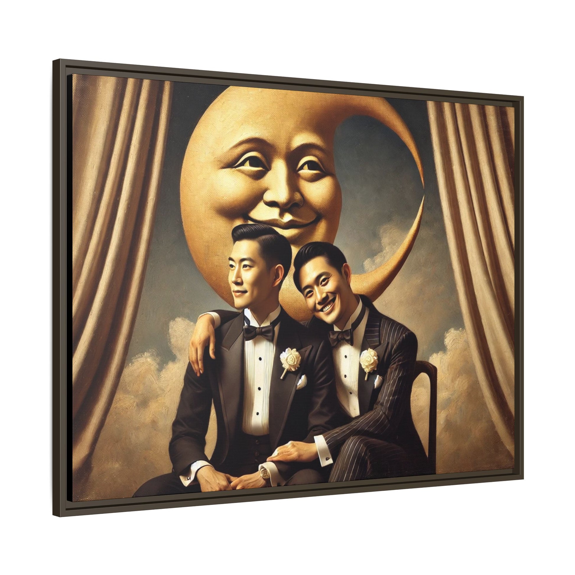 Vintage-inspired artwork of a romantic gay Asian couple in tuxedos sitting affectionately beneath a smiling crescent moon prop, surrounded by vintage stage curtains and dreamy clouds. A reclaimed queer narrative from the Man In The Moon series.