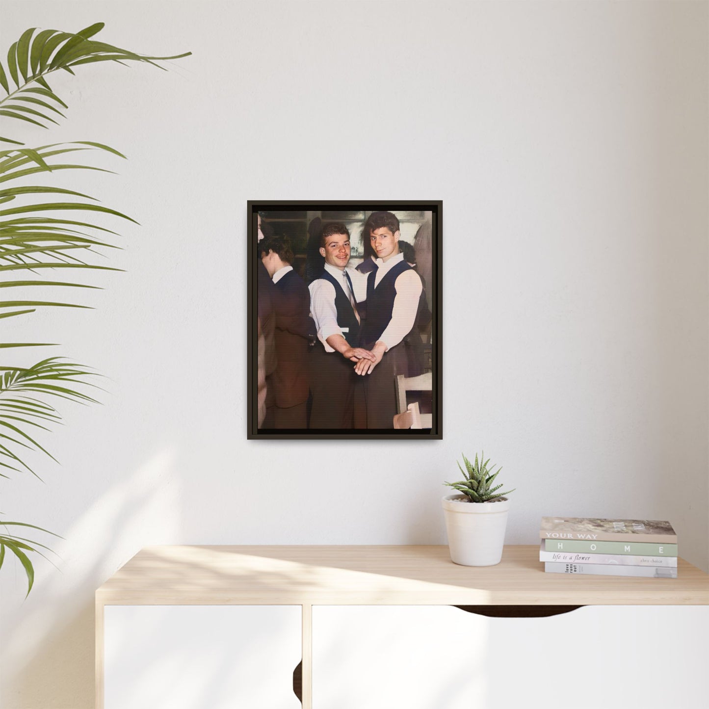 Restored and colorized mid-20th century photo of Clarence and Francis dancing, celebrating LGBTQ+ love and resilience, framed as a matte canvas wall décor piece. Gay Couple